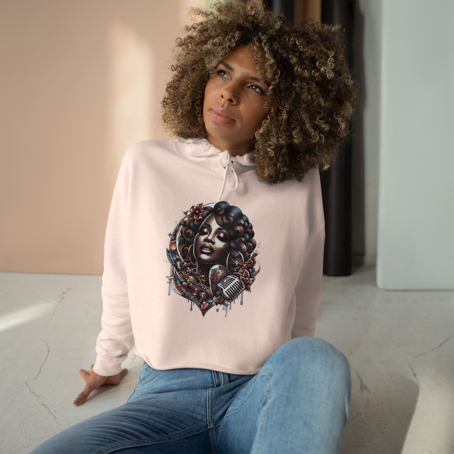 Angie Stone inspired Feminine Vibe Crop Hoodie with Microphone Design
