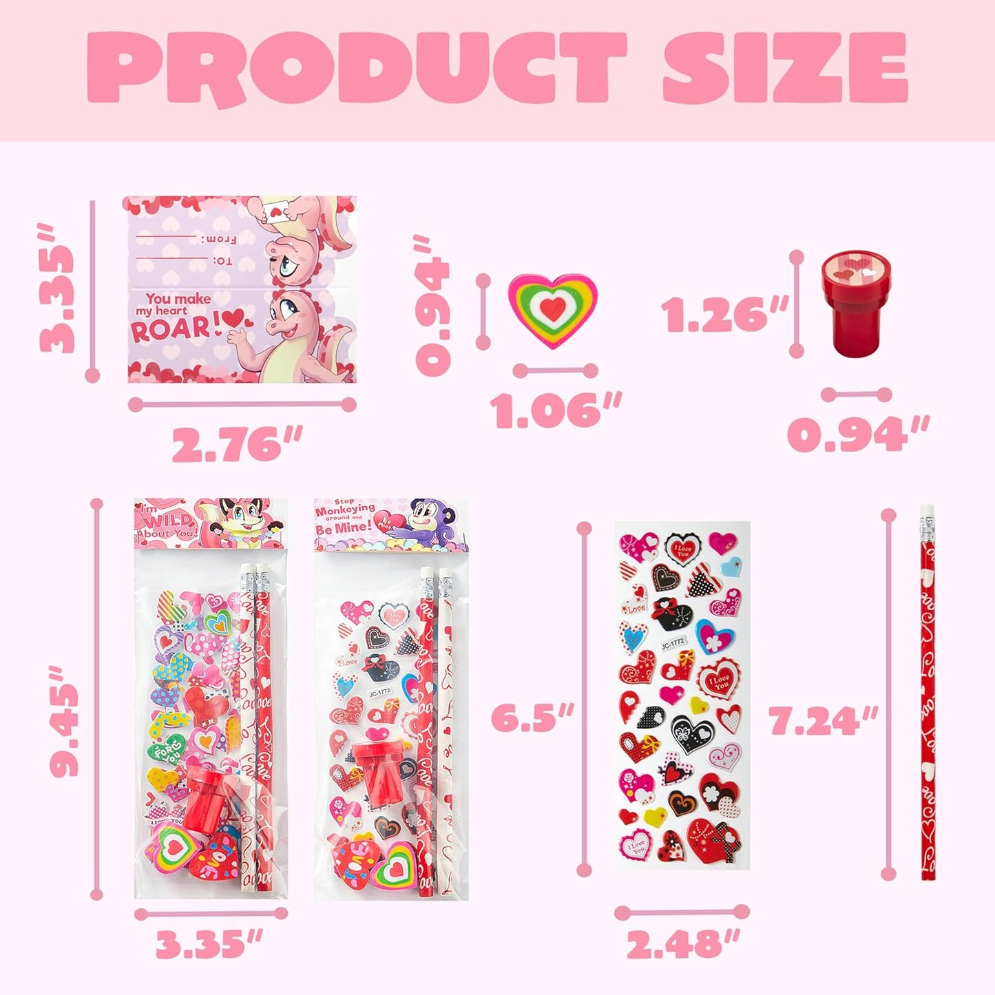 28 Pack Valentines Day Stationery Kids Gift Set for School Classmates Exchange, Party Favor, Includes Pencils, Erasers, Stamper, Stickers