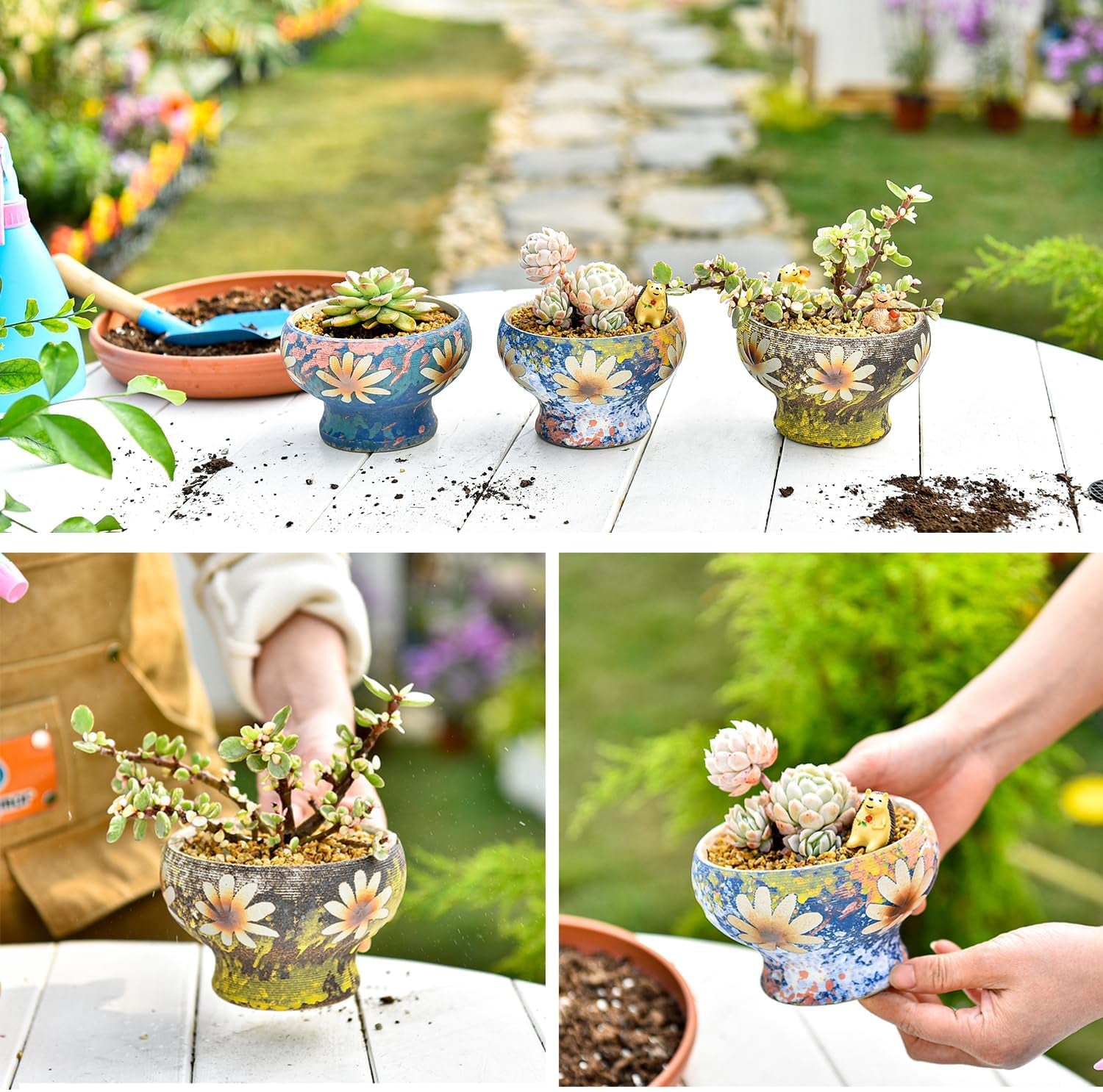 Small Succulent Planters Set of 3, Beautiful Hand Crafted Ceramic Plant Pots Cute Cactus Pot, 4.9 Inch Flower Pots for Indoor Plants with Drainage, Desktop Windowsill Home Office Decor Pots