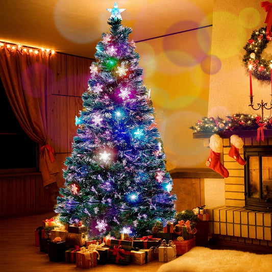 7 Ft Pre-Lit Optical Fiber Christmas Artificial Tree, with LED RGB Color Changing Led Lights, Snowflakes and Top Star, Festive Party Holiday Fake Multicolor Xmas Tree with Sturdy Metal Legs