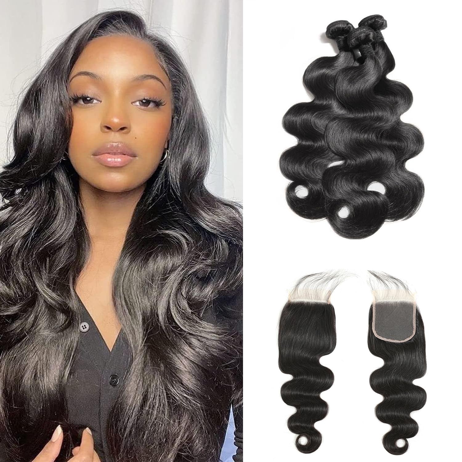 Body Wave Bundles with Closure 100% Brazilian Virgin Human Hair Bundles with Closure 12A Unprocessed Body Wave Weave 3 Bundles Human Hair with Closure 4X4 HD Lace Natural Black (18 20 22+16)