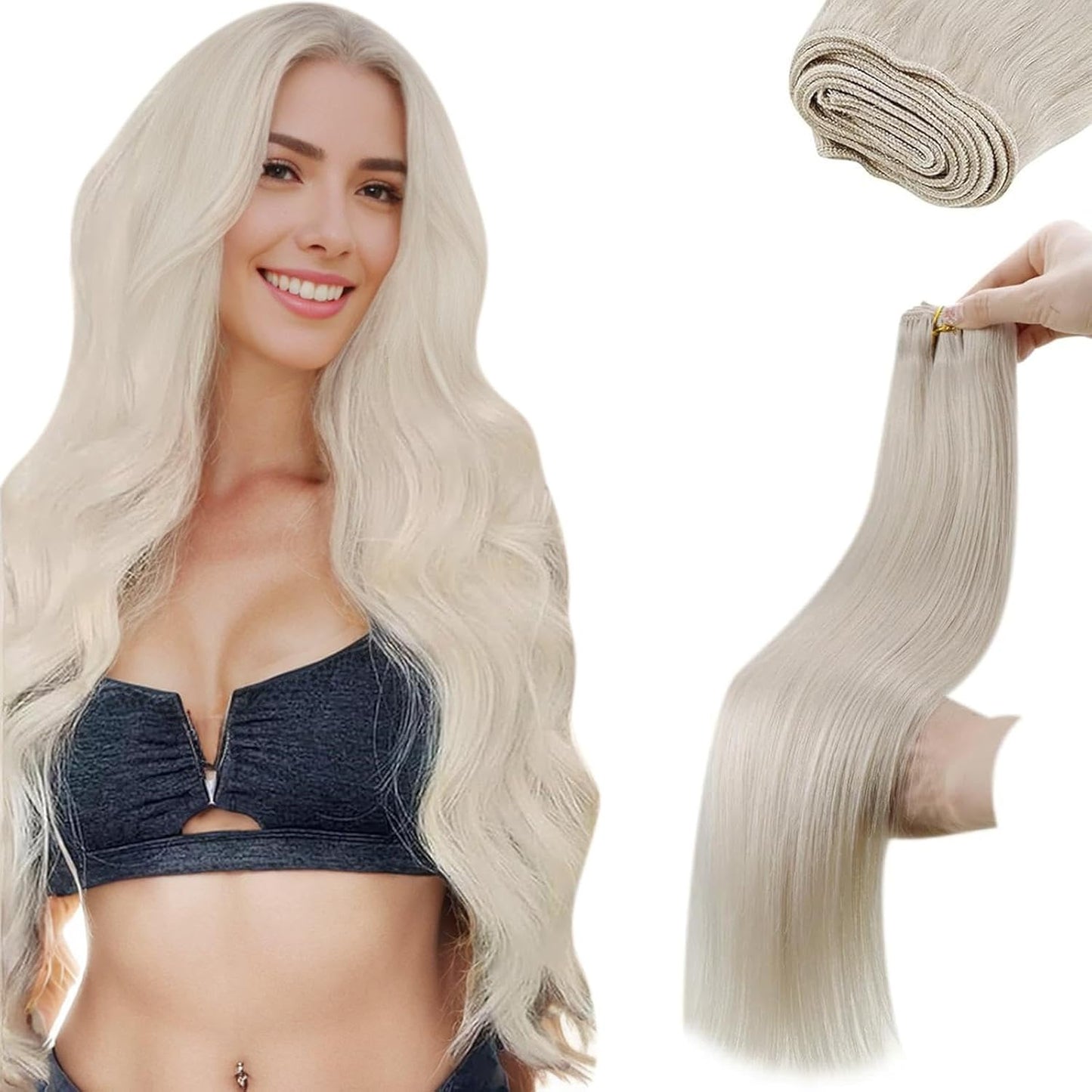 Sew in Hair Extensions Real Human Hair 24 Inch 120G Blonde Weft Hair Extensions Platinum Blonde Hand Tied Human Hair Extensions Sew in Weft Hair Extensions for Women #60