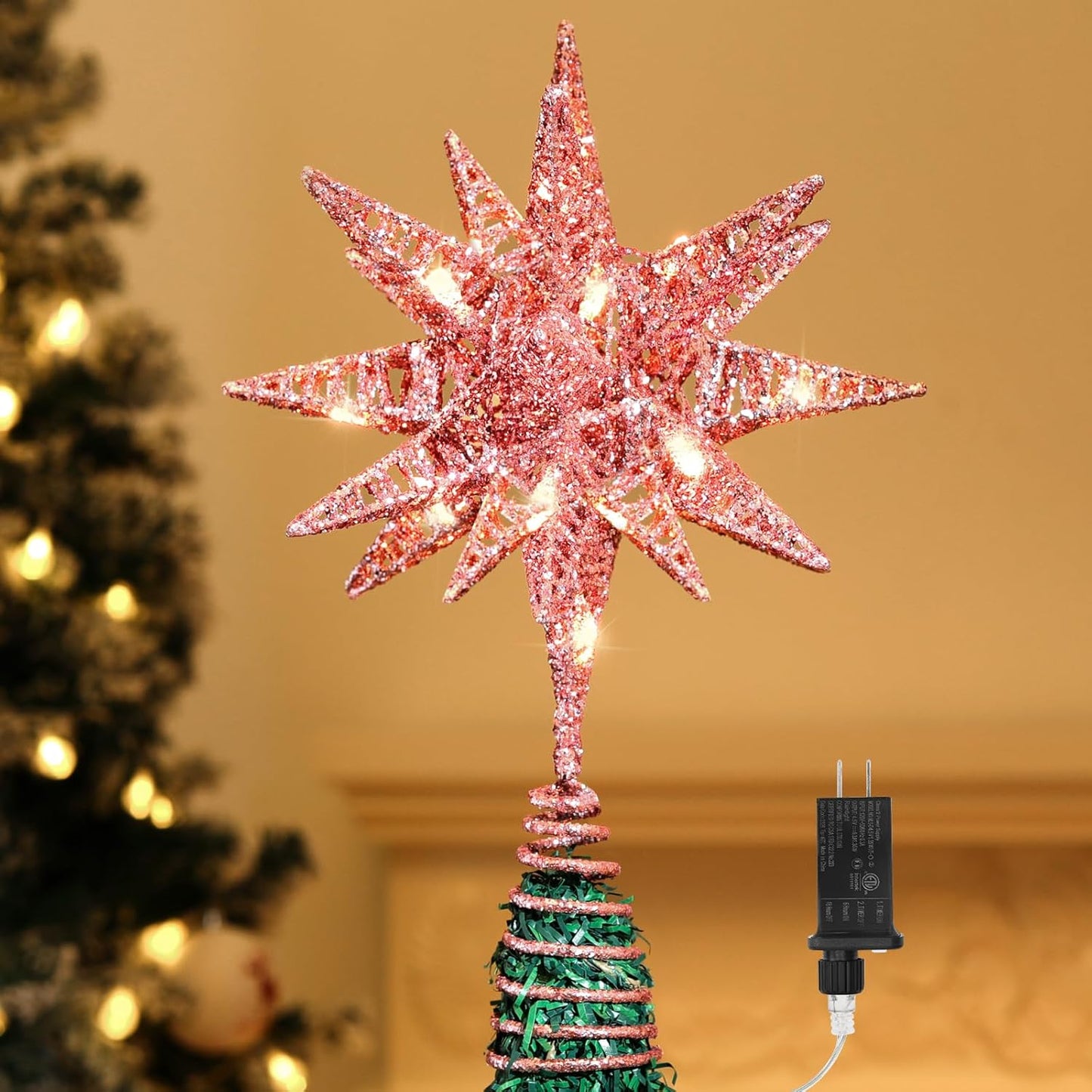 Christmas Star Tree Topper, 3D Star Plugged Decorative Treetop with LED Light Beads for Home Holiday Xmas Decor 6-Hour Timer Function 5M Cable, Pink