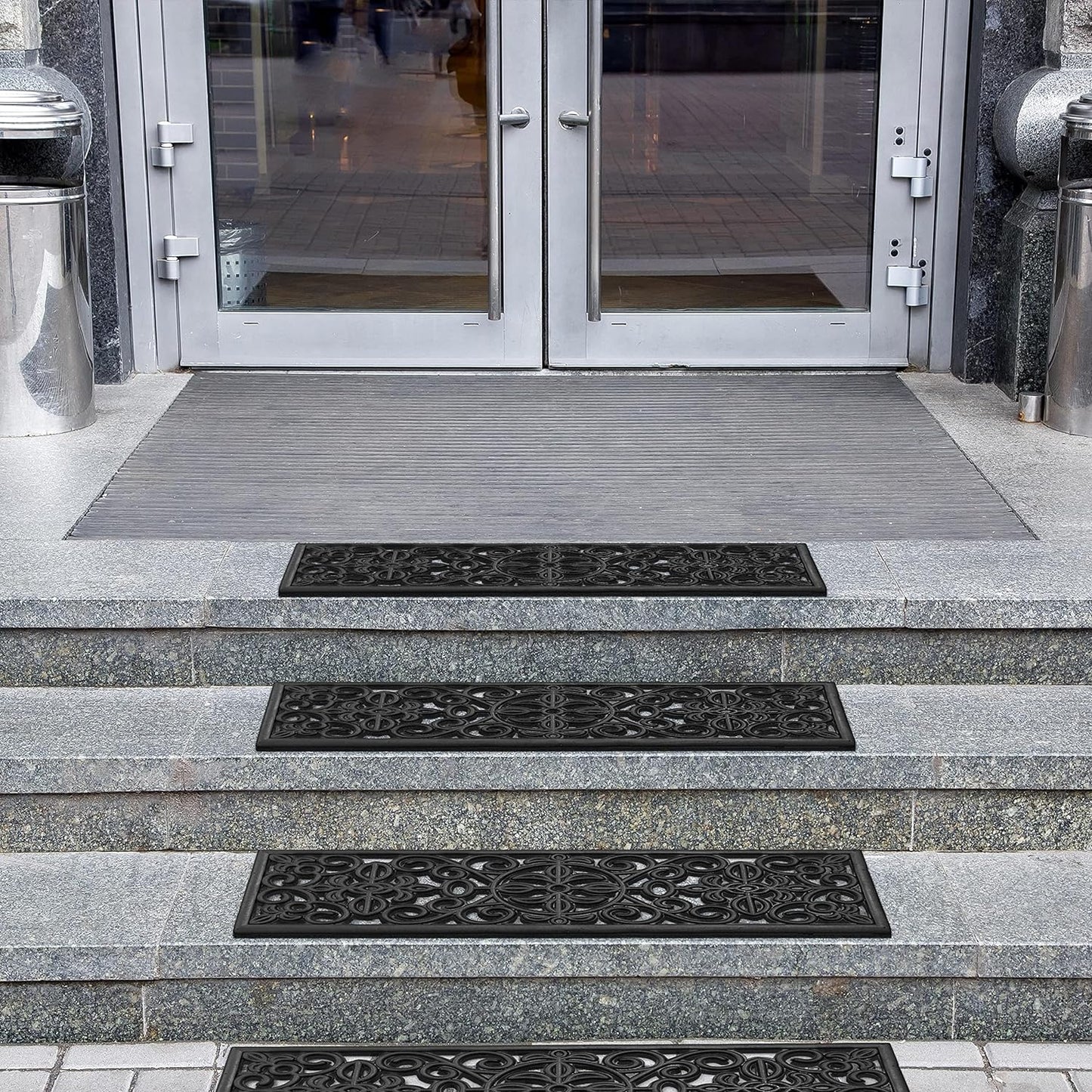 Indoor/Outdoor Hose-Wash Iron Wrought Design Non-Slip Rubber 10" X 30" Modern Stair Treads for Stairs, Garage, Patio, 5 Pack, Black Floral