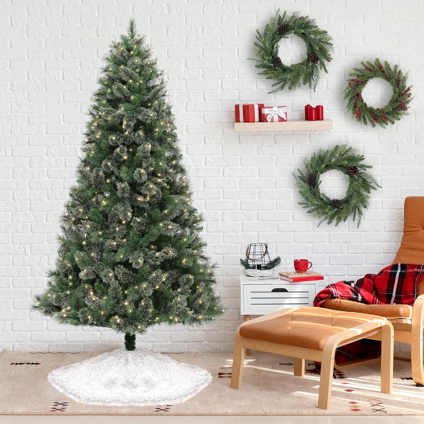 7.5' Pre-Lit Christmas Tree - Cashmere Pine Tree with 500 Bicolor LED Lights & Metal Stand - 10 Light Functions & 52" Diameter