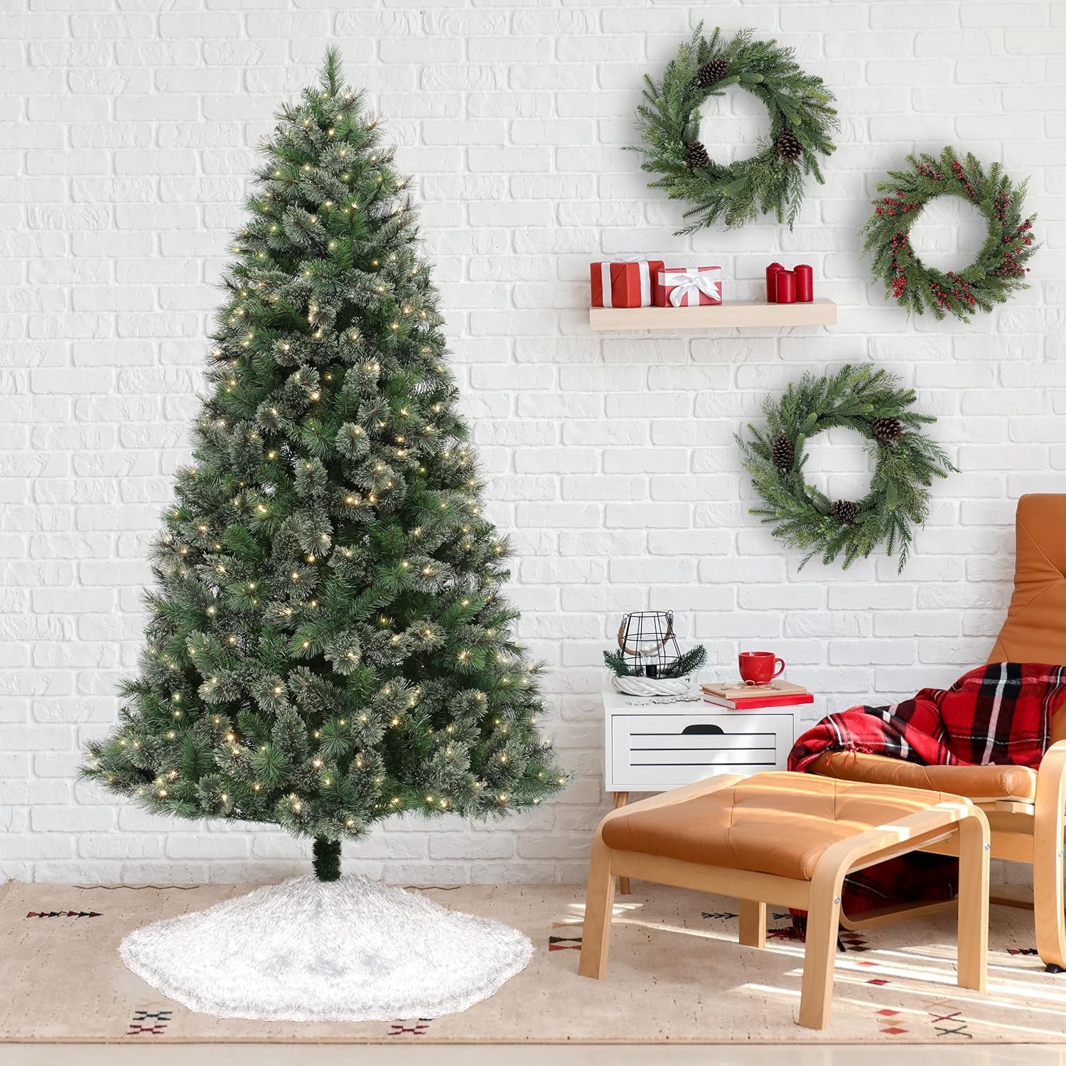 7.5' Pre-Lit Christmas Tree - Cashmere Pine Tree with 500 Bicolor LED Lights & Metal Stand - 10 Light Functions & 52" Diameter