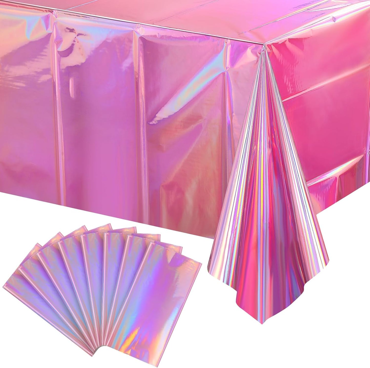 8 Pack Iridescent Pink Plastic Tablecloths,  Shiny Disposable Laser Rectangle Table Covers, Holographic Foil Tablecloth Iridescent Party Decorations for Birthday Wedding Christmas, 54X108Inch