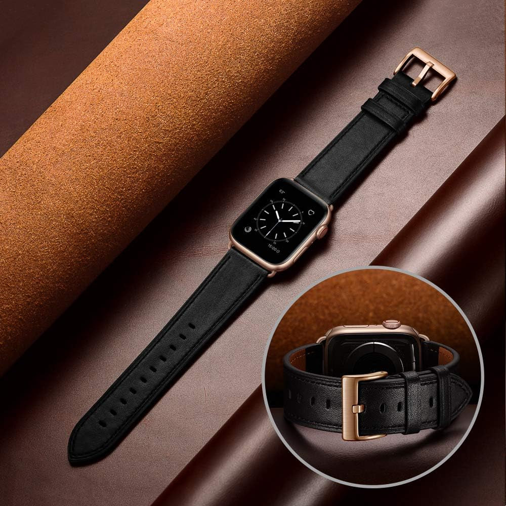 Compatible with Apple Watch Band 41Mm 40Mm 38Mm, Genuine Leather Band Replacement Strap Compatible with Apple Watch Series 9/8/7/6/5/4/3/2/1/SE2/SE, Black Band with Rose Gold Adapter