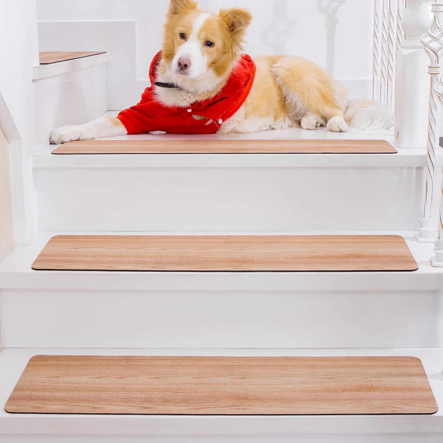 Non Slip Rubber Stair Treads, Indoor Stair Treads Stair Runners for Wooden Steps, Basement Stair Mats for Pet, Kids and Elderly, Brown Wood, 30"X8", Set of 15