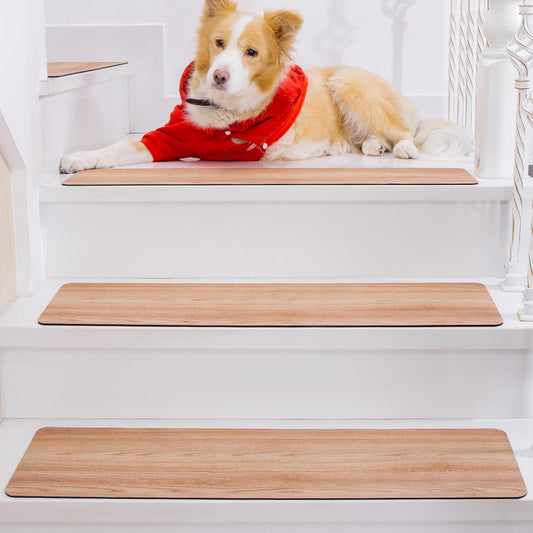 Non Slip Rubber Stair Treads, Indoor Stair Treads Stair Runners for Wooden Steps, Basement Stair Mats for Pet, Kids and Elderly, Brown Wood, 30"X8", Set of 15