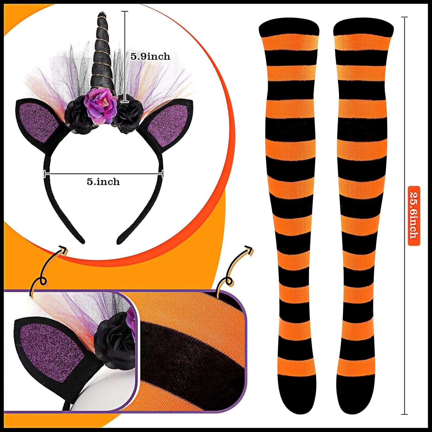 Halloween Unicorn Costume Set Included Unicorn Headband Tutu Skirt Striped Thigh High Socks Purple Orange Black Beaded Chains for Halloween Cosplay Party