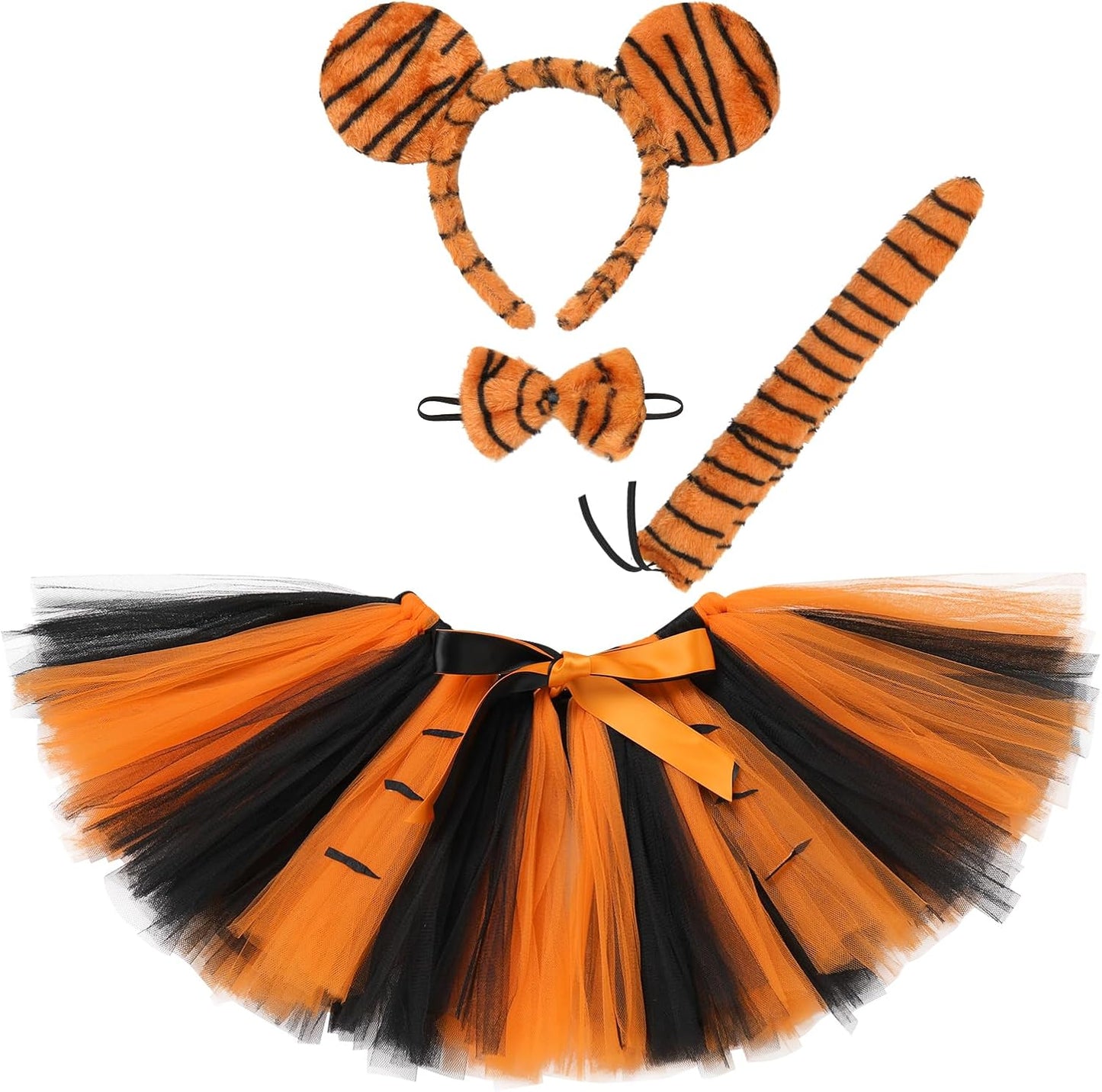 Baby Girls Jungle Animals Costume Tulle Tutu Skirt Ears Headband Bow Tie and Tail Set for Halloween Cosplay Dress Up