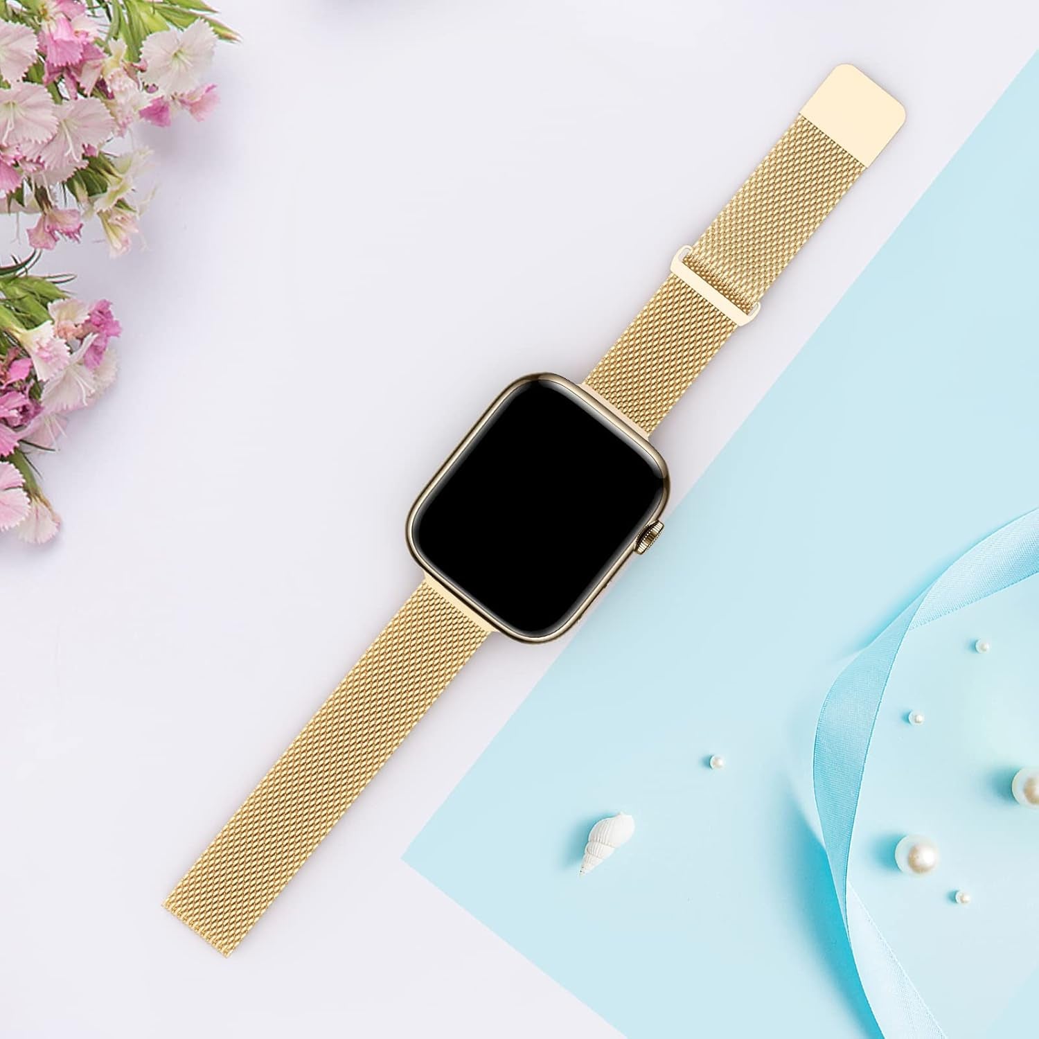 Stainless Steel Mesh Loop Magnetic Clasp Bands Compatible with Apple Watch 38Mm 40Mm 41Mm 42Mm 44Mm 45Mm, Slim Thin Replacement Sport Strap Bracelet for Iwatch Series 8/7/6/5/4/3/2/1 SE