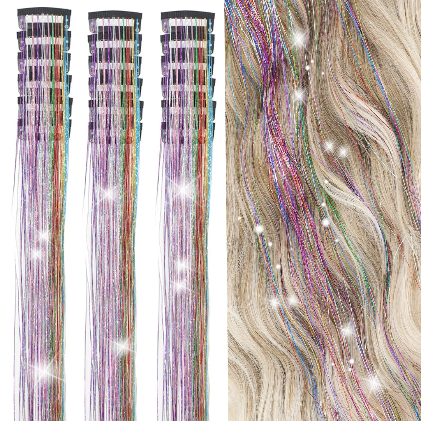 Hair Tinsel Kit Pack of 18 Pcs Hair Tinsel Clip in 19.6Inch Glitter Tinsel Hair Extensions Heat Resistant Clip in Hair Tinsel Sparkle Fairy Hair Accessories for Kids Girls Women (Colorful)