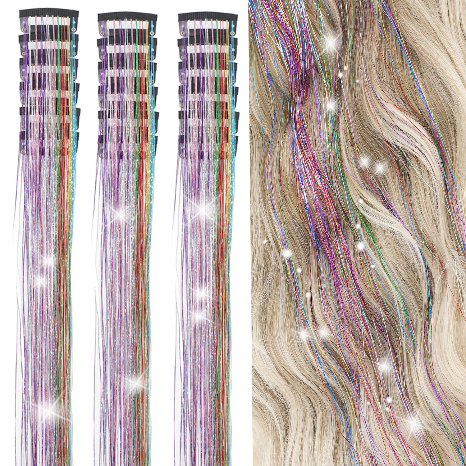 Hair Tinsel Kit Pack of 18 Pcs Hair Tinsel Clip in 19.6Inch Glitter Tinsel Hair Extensions Heat Resistant Clip in Hair Tinsel Sparkle Fairy Hair Accessories for Kids Girls Women (Colorful)