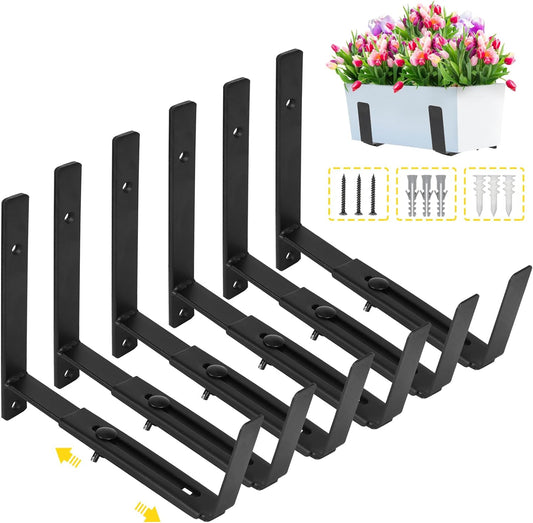 Window Planter Box Brackets, 6 Pack Adjustable Thicker Heavy Duty Wall Mount Window Flower Boxes Outdoor with Bracket (6 to 12 In), with 70Lbs Capacity for Window Sill, Fence, or Wall, Black