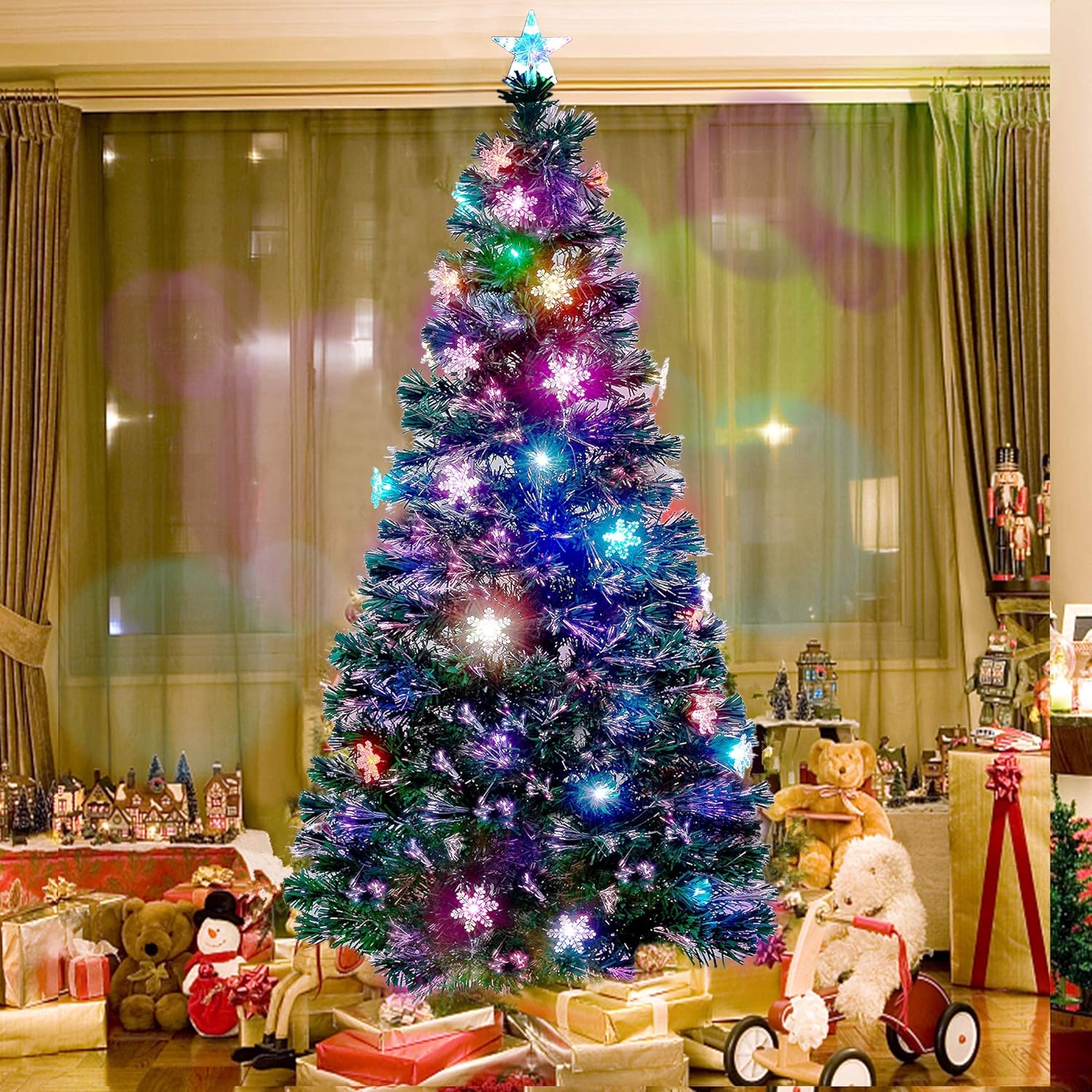 7 Ft Pre-Lit Optical Fiber Christmas Artificial Tree, with LED RGB Color Changing Led Lights, Snowflakes and Top Star, Festive Party Holiday Fake Multicolor Xmas Tree with Sturdy Metal Legs