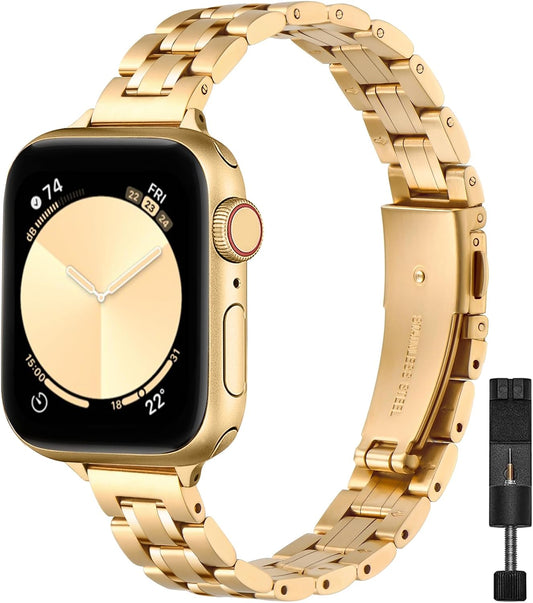 Thin Replacement Band Compatible for Apple Watch 38Mm 40Mm 41Mm 42Mm 44Mm 45Mm 46Mm 49Mm, Stainless Steel Metal Wristband Women Men for Iwatch Ultra SE Series 10/9/8/7/6/5/4/3/2/1, Gold