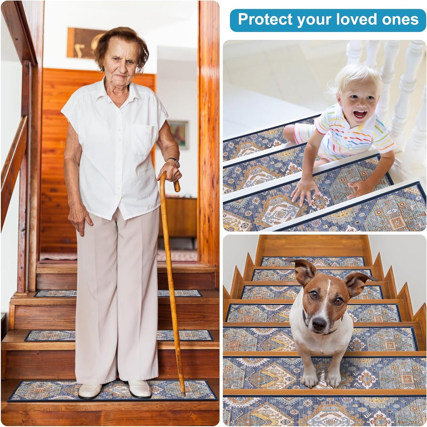 Peel and Stick Non-Slip Carpet Stair Treads for Wooden Steps Set of 15 Pack 8" X 30" Indoor Reusable Staircase Stair Runners Rugs, Soft Safety for Dogs, Kids & Elders, Stairway Grip, Blue