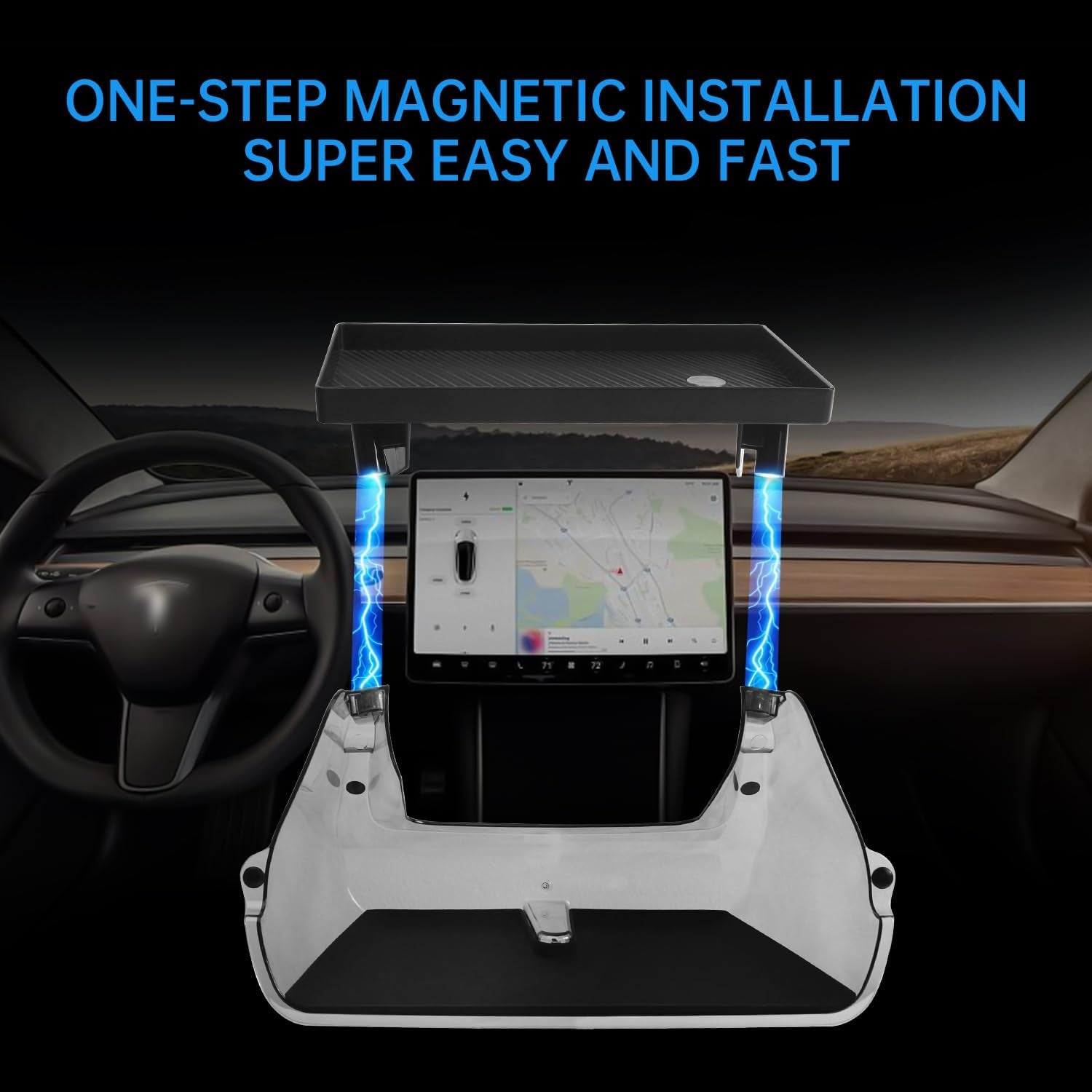 Center Console Organizer Tray for Tesla Model Y Accessories 2024-2020 Model 3 2023-2016, Magnetic under Screen Storage Box behind Screen Tray, Dashboard Organizer Tissue Holder, Easy Install