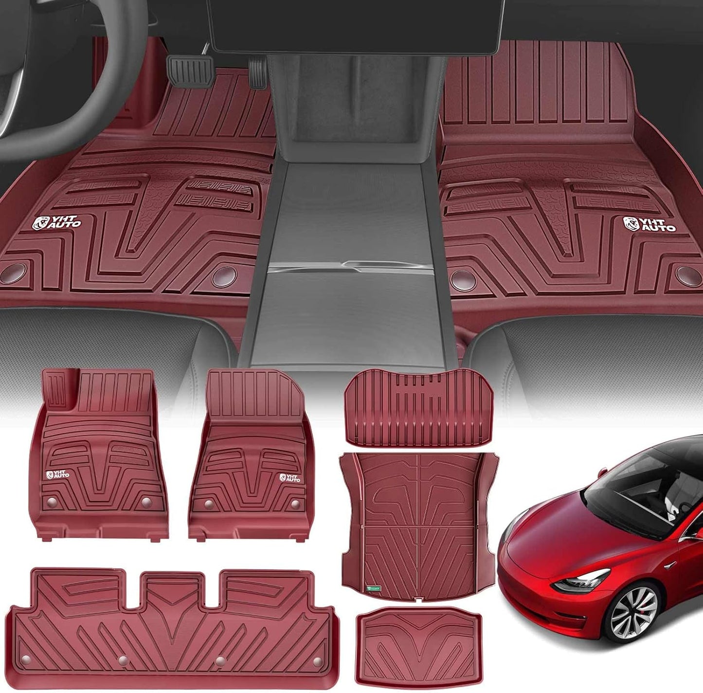 Floor Mats Compatible with Tesla Model 3 2021-2023, All Weather TPE Front Rear Cargo Liner, Rear Storage Mats, Model 3 Accessories, Red, Set of 6