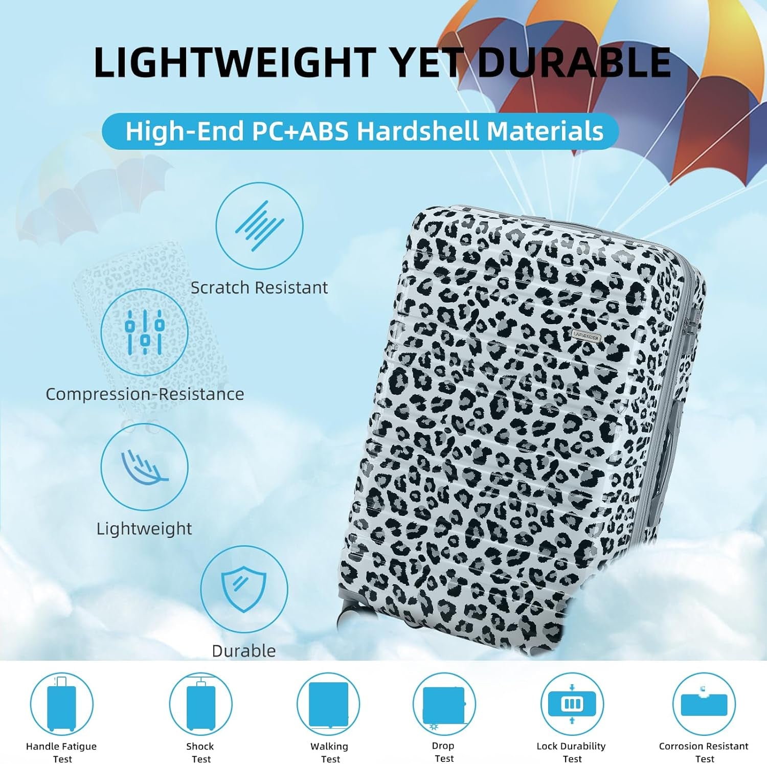 Luggage Sets 3 Piece, Hardside 20 in Carry on Luggage Airline Approved PC+ABS Suitcase Set with Spinner Wheels TSA Lock, Lightweight Rolling Suitcase for Men and Women, Leopard