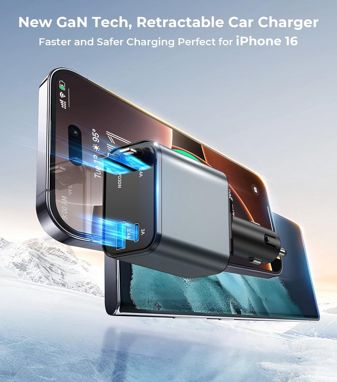 Retractable Car Charger 4 in 1, 【New-Gen Gan-Tech for Iphone Fast Charging】 Dual Cables for Lightning & USB C, USB C and USB Ports, Best Adapter Car Accessories for Iphone 16E, Men, Women