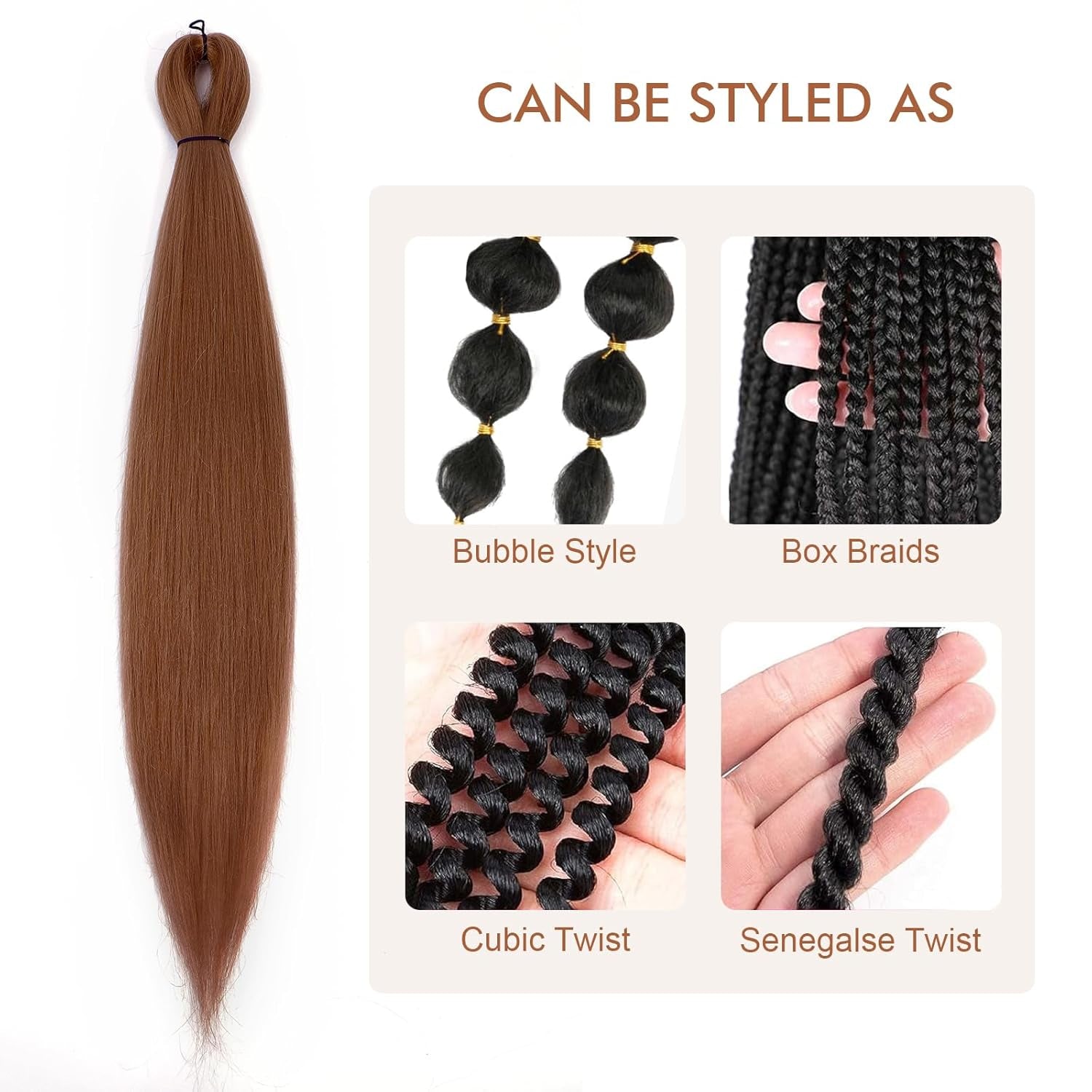 Pre-Stretched Braiding Hair - 16 Inch 8 Packs Brown Short Braiding Hair for Twist or Box Braids, Yaki Texture Hot Water Setting Synthetic Braiding Hair Extensions (16 Inch, #30-8P)