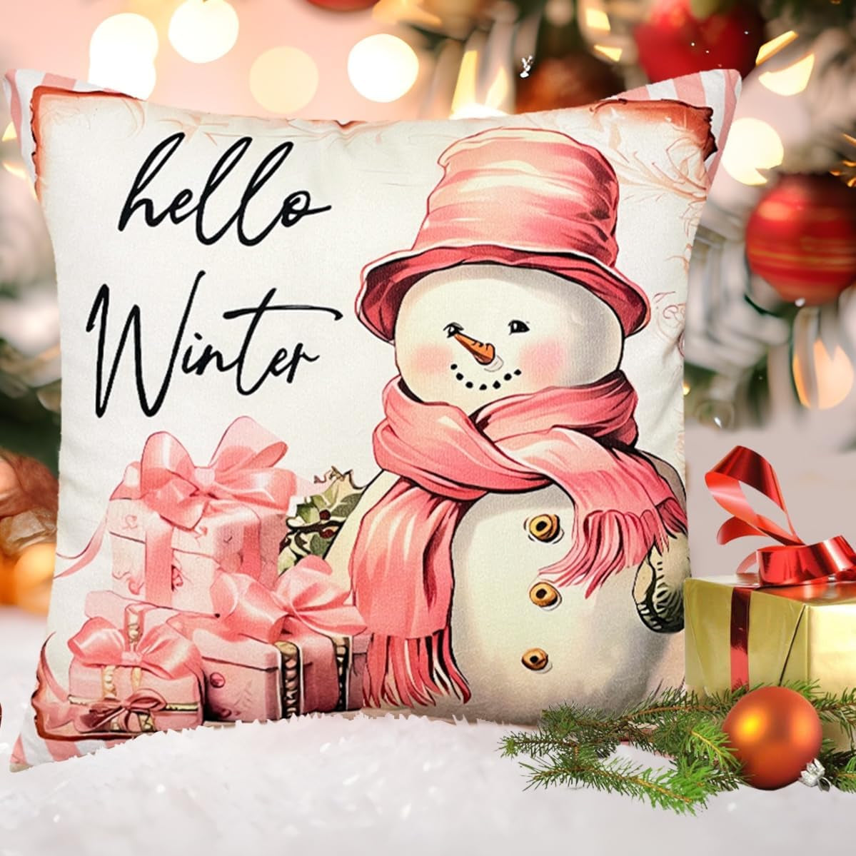 Christmas Pillow Covers Pink 18X18 Set of 4, Soft Short Pile Velour Holiday Throw Pillow Cover, Pink Christmas Decor Christmas Decorations Santa Claus Decor Cushion Cover for Home Sofa