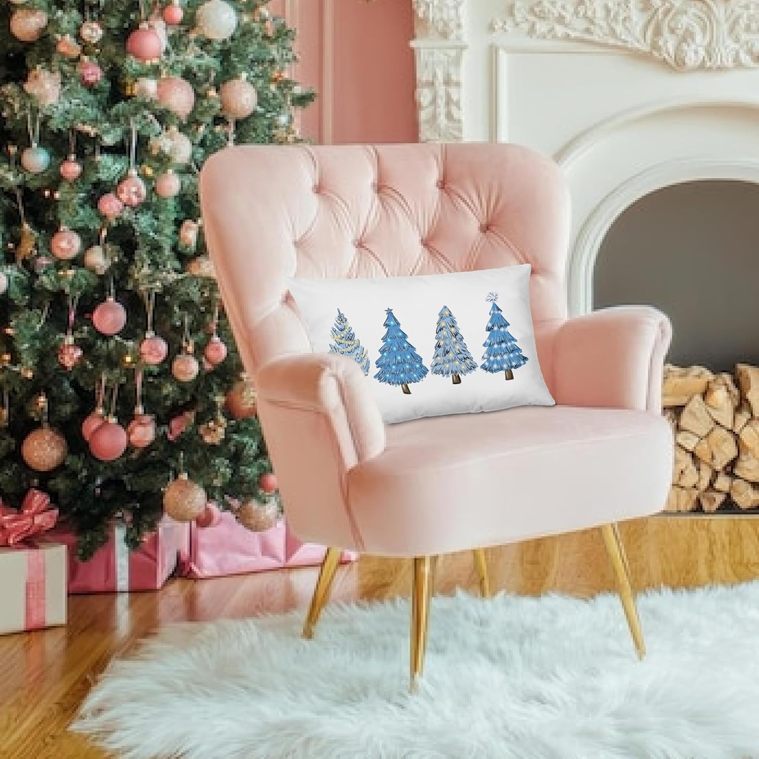 Blue Christmas Decorations,Coastal Christmas Decor Blue Christmas Tree Pillow Covers 12X20,Christmas Decor,Christmas Trees Xmas Pillow Cases Cushion Covers,Blue Christmas Tree Pillow Covers