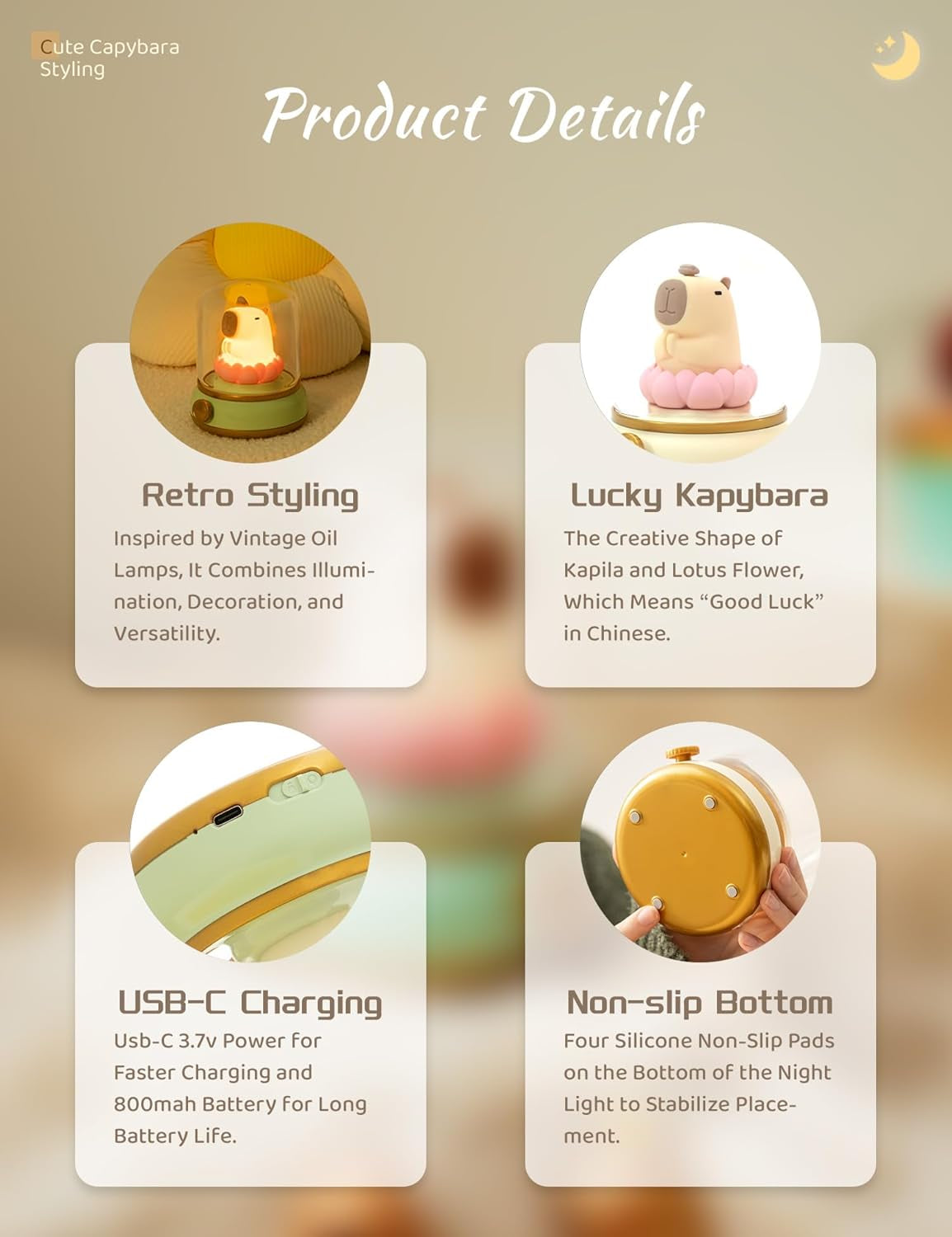 Lucky Capybara Night Light,Lotus Lamp, Cute Lamp and Cozy Lighting,Rotate to Adjust Brightness,Rechargeable Night Light for Kids, Cute Stuff Gifts for Children,Lucky Capybara Bring Good Luck