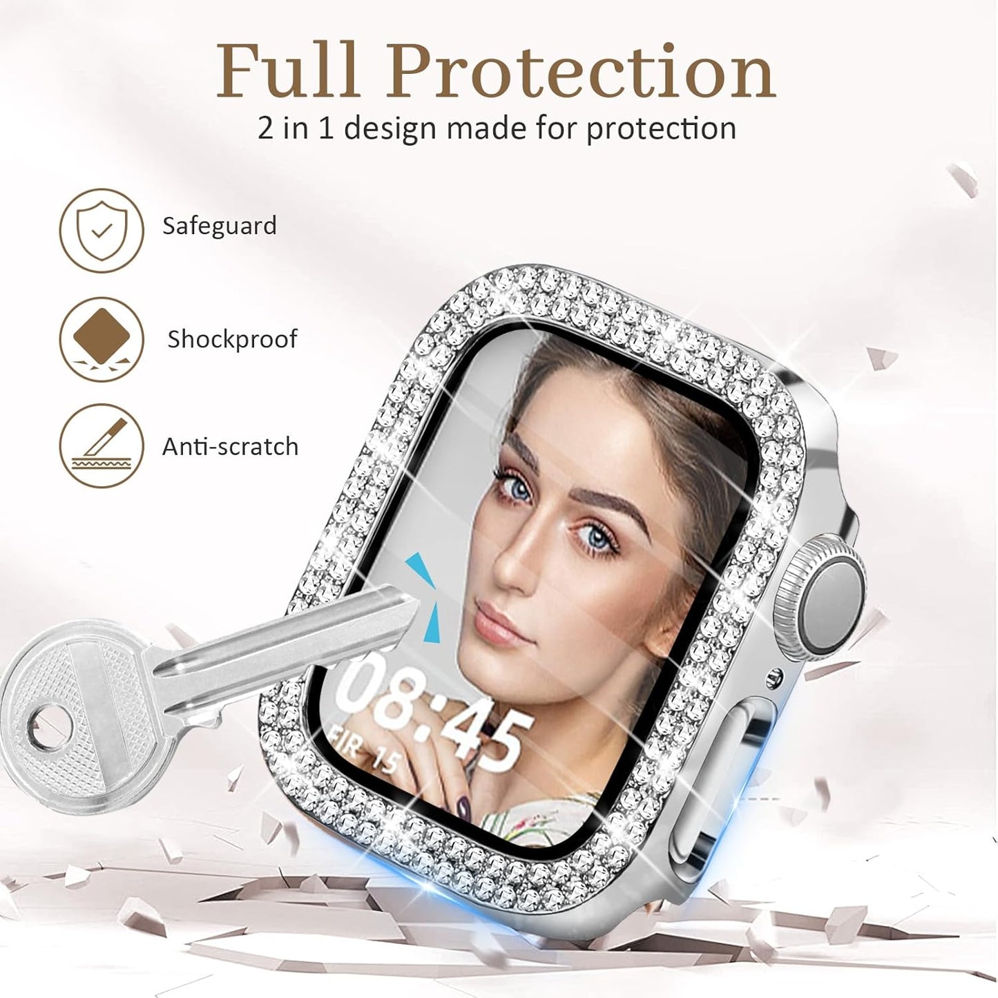 Sliver Charm Band Silver Bling Case Bundle Compatible with Apple Watch 38Mm 40Mm 41Mm 42Mm 44Mm 45Mm 46Mm 49Mm Women for Iwatch Series 10/9/8/7/6/5/4/3/2/1/Se/Ultra