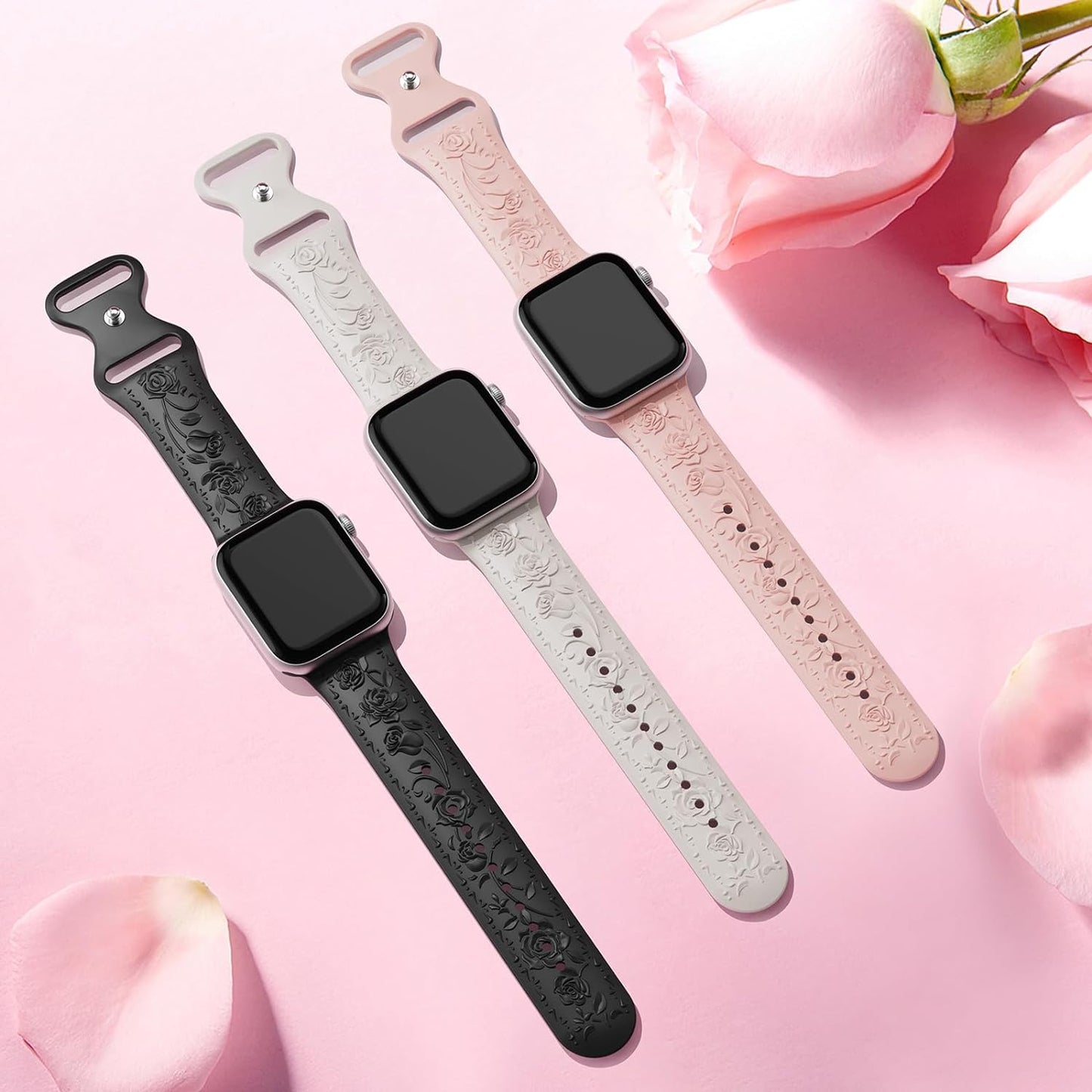 Floral Engraved Band Compatible with Apple Watch Band 40Mm 41Mm 38Mm 42Mm 44Mm 45Mm 49Mm Women, Designer Soft Silicone Cute Embossed Flower Strap for Iwatch Band Series SE Ultra 9 8 7 6 5 4 3 2 1