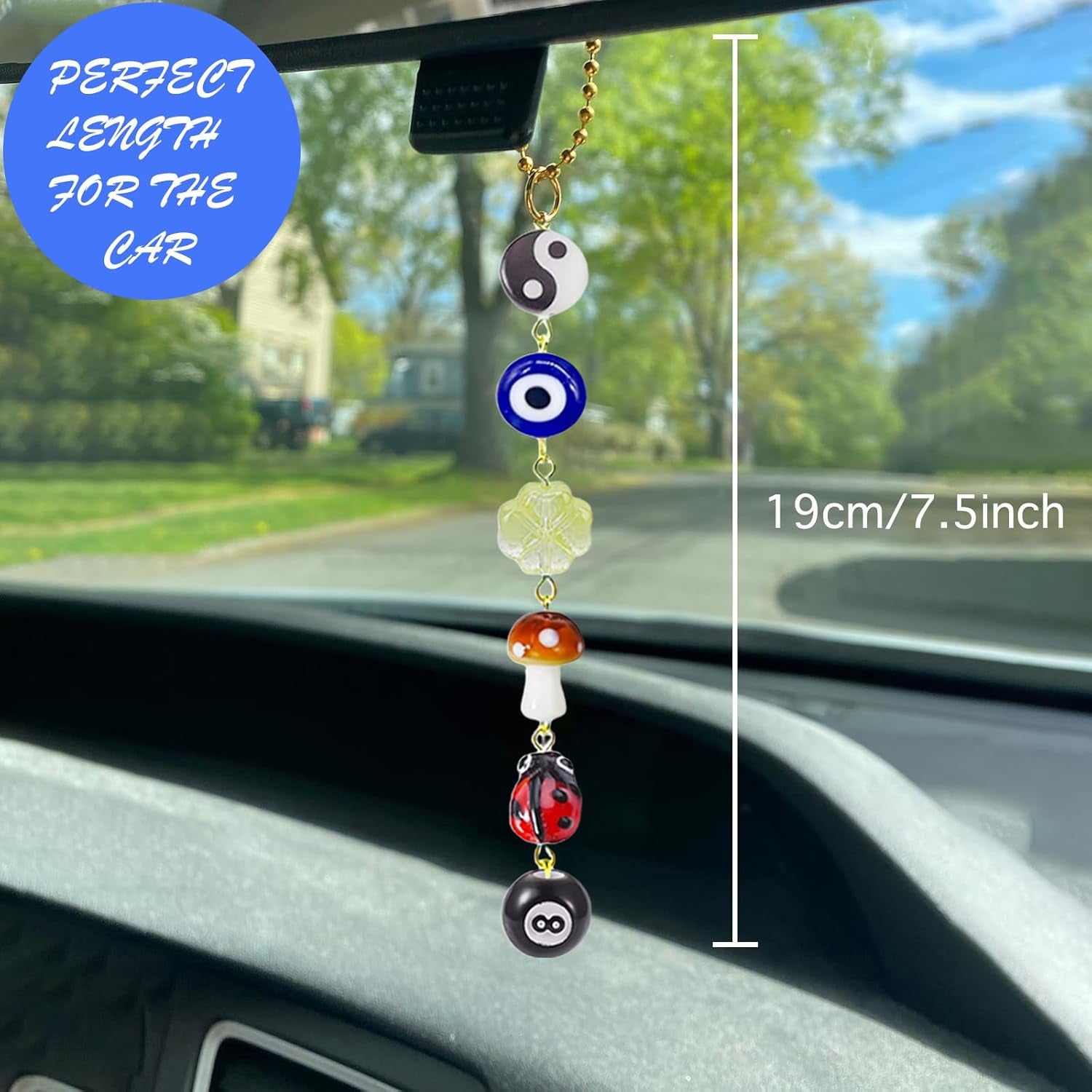 Evil Eye Car Hanging Ornament,Good Lucky Days Car Charm,8 Ball Mushroom Four-Leaf Clover Pendant for Car Rear View Mirror,Cute Boho Evil Eye Ladybug Yin Yang Symbol Car Decor Accessories