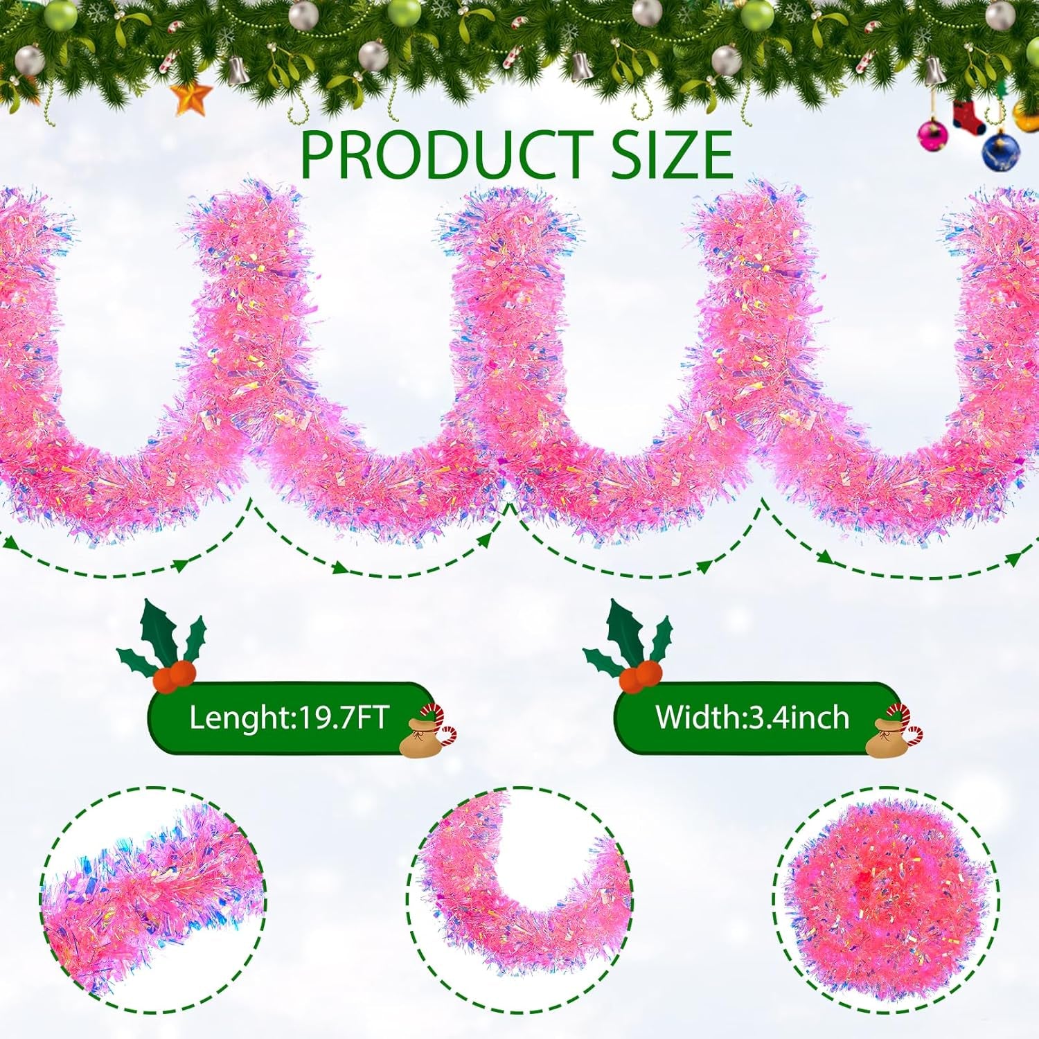 19.7FT Pink Christmas Tinsel Garland Metallic Tinsel Twist Garland Glitter Foil Garland Decoration for Christmas Tree Wedding Party