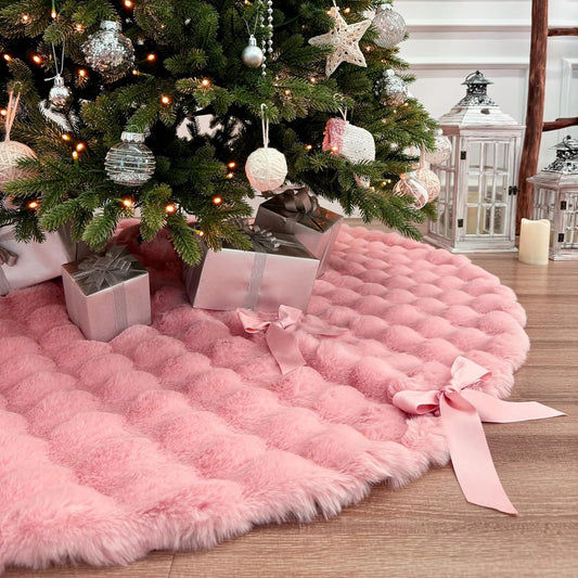 60-Inch Puff Quilt Faux Fur Christmas Tree Skirt, Soft Plush Tufted Texture with Satin Ribbon Ties, Baby Pink