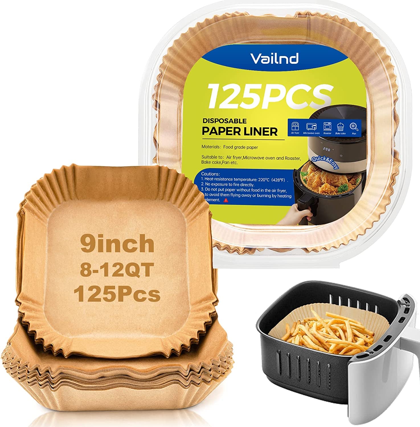 Air Fryer Paper Liners, 125Pcs Parchment Paper, Air Fryer Liner Disposable for Microwave, Non-Stick Air Fryer Liners Square Free of Bleach (8IN)