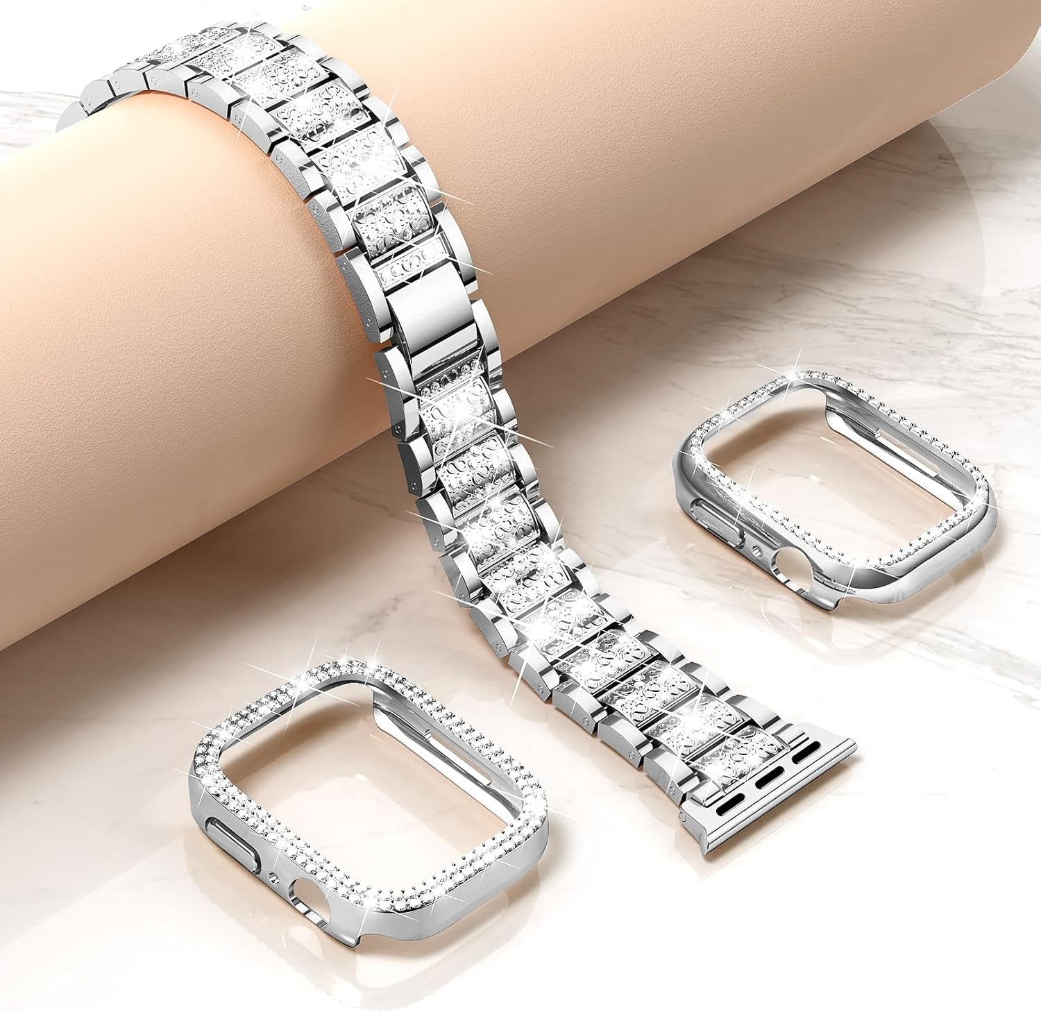 Compatible with Apple Watch Band 38Mm 40Mm 41Mm 42Mm 44Mm 45Mm 49Mm with 2 Pack Case Women, Jewelry Replacement Metal Wristband Strap with Bling PC Protective Case for Iwatch Ultra SE Series 9/8/7/6/5/4/3/2/1