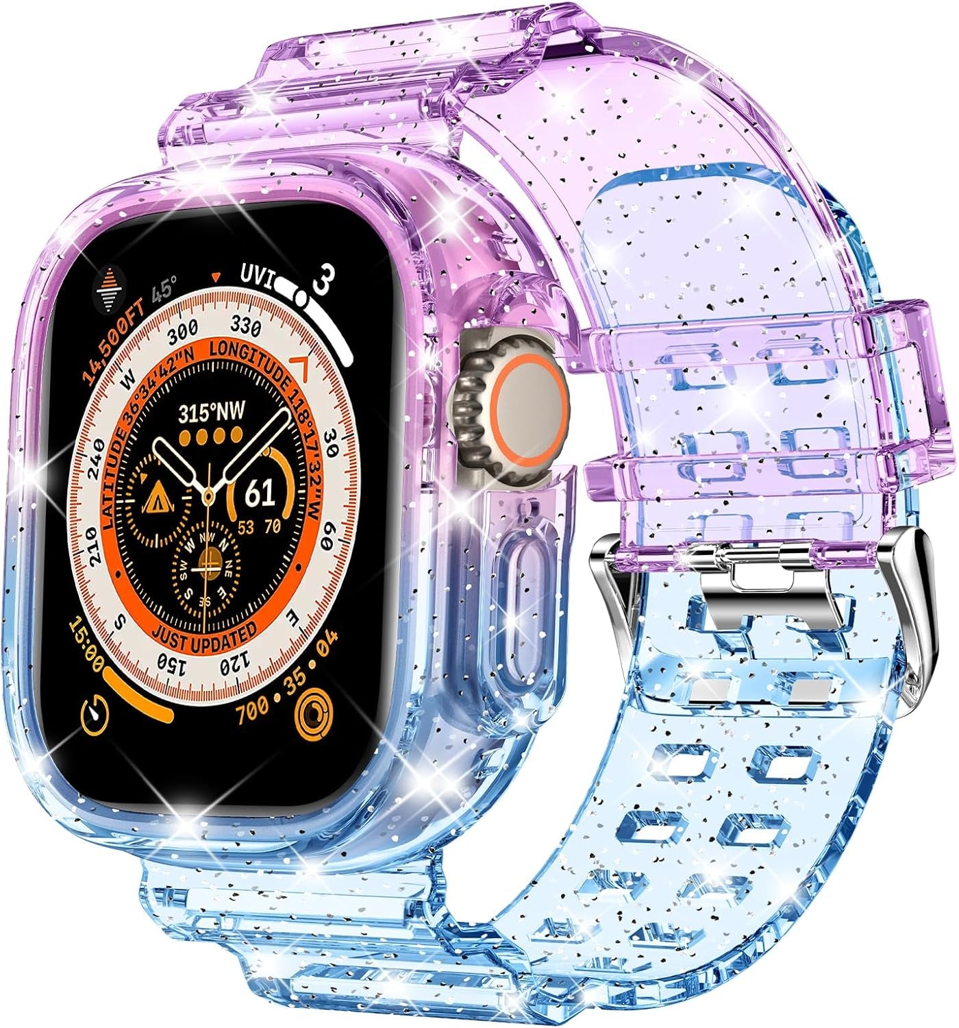 Compatible for Clear Apple Watch Band with Bumper Case, Women Men Glitter Bling TPU Sport Strap for Iwatch SE Ultra Series 10 9 8 7 6 5 4 3 2 1
