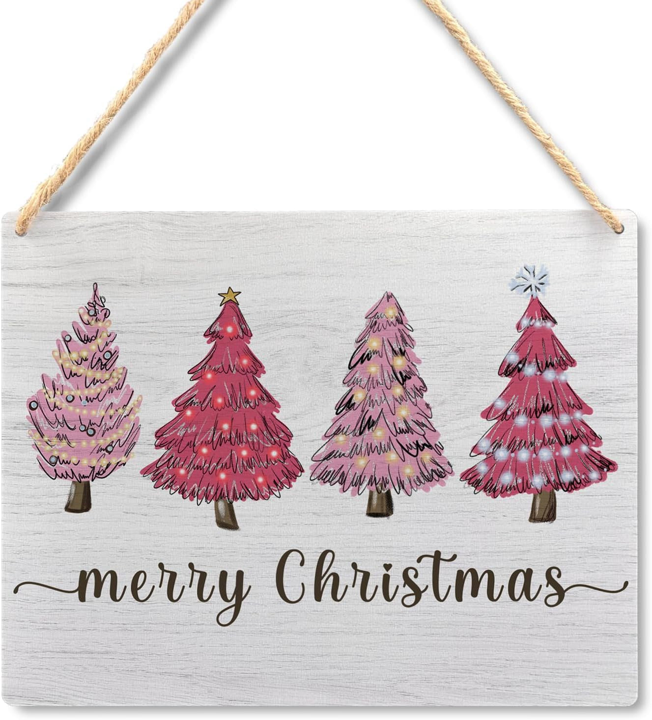 Pink Merry Christmas Wooden Hanging Sign - Pink Christmas Tree Sign, Christmas Porch Front Door Sign, Indoor Christmas Wall Hanging Decor for Bedroom Home,10.2X7.8 Inches