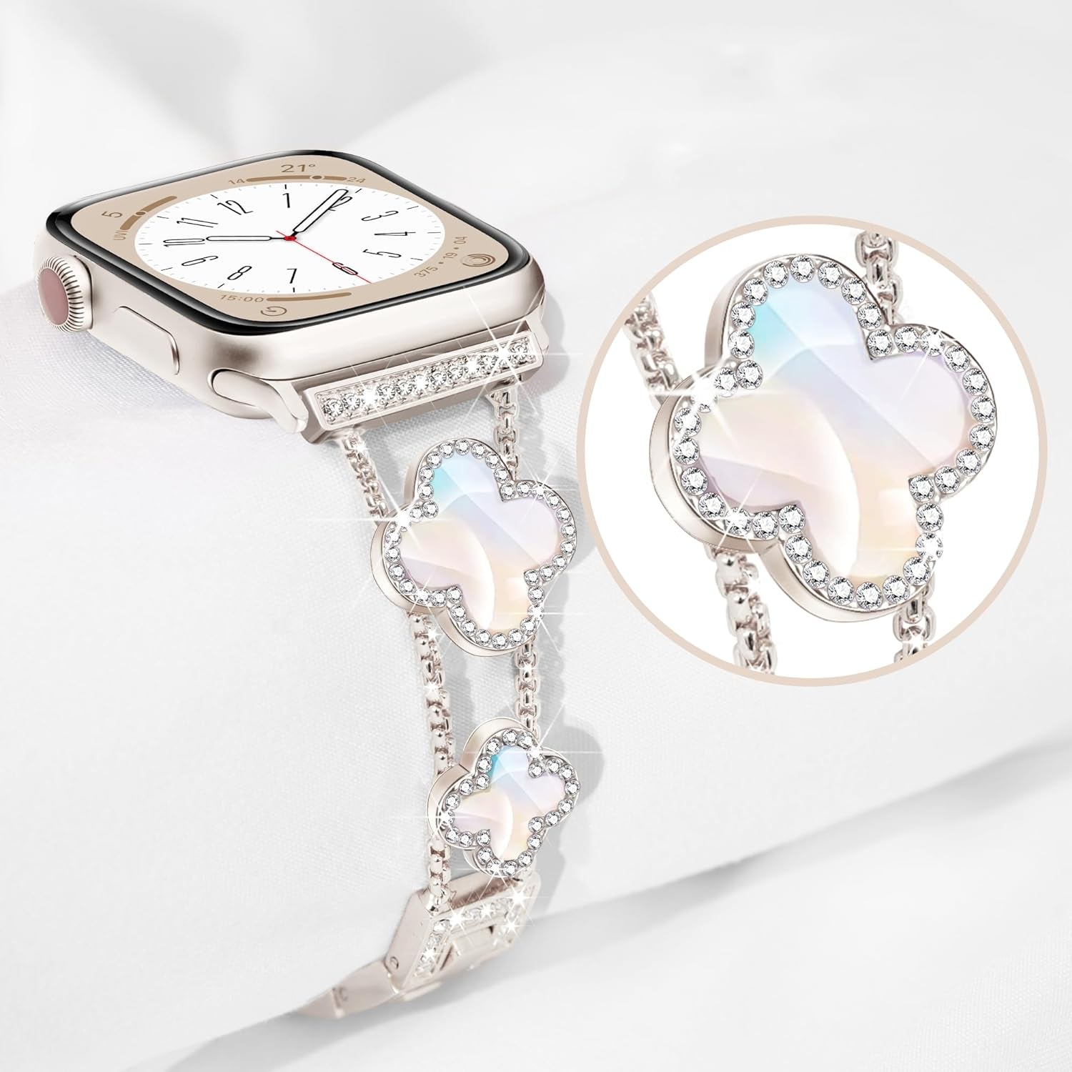 Four-Leaf Clover Band for Apple Watch Band 41Mm 40Mm 38Mm, Lightweight for Women, Easy Adjustable Bracelet, Shiny Diamond Jewelry Metal Strap for Iwatch Series 9 8 7 6 5 4 3 2 1 Se(Starlight)