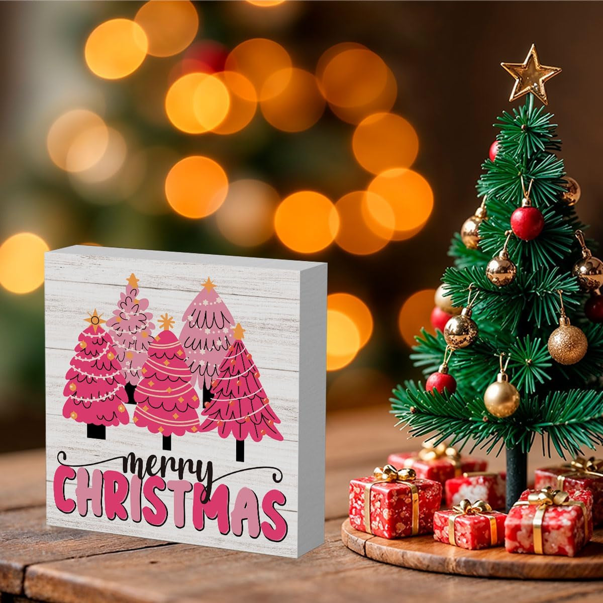 Pink Christmas Sign Pink Christmas Decorations Pink Christmas Tree Sign Merry Christmas Sign for Table Christmas Signs for Home Office Shelf Cubicle Decoration 5 X 5 Inches