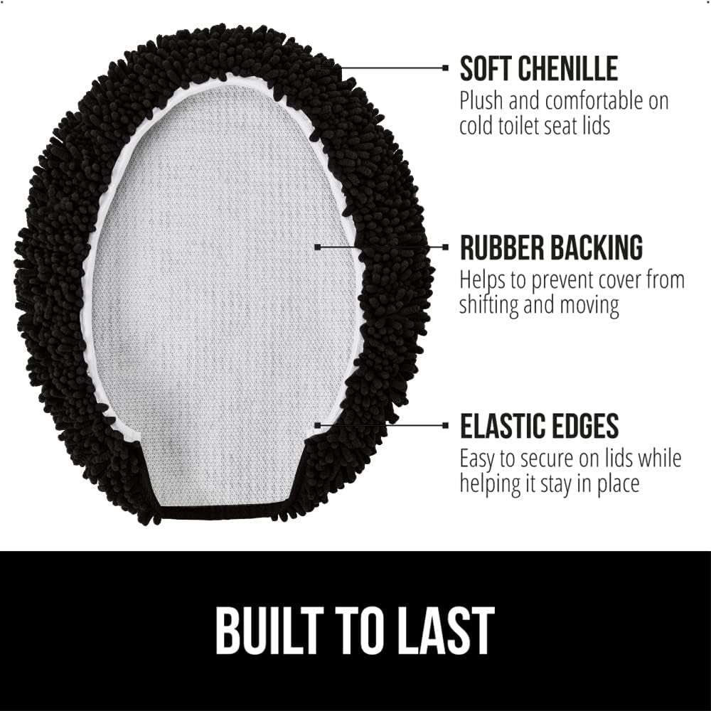 Soft Chenille Bathroom Toilet Lid Cover, Machine Washable Seat Covers, 17.5X15, Stays in Place Rubber Backing, Fits Most Round, Elongated and Oblong Lids, Accessories Decor, Black