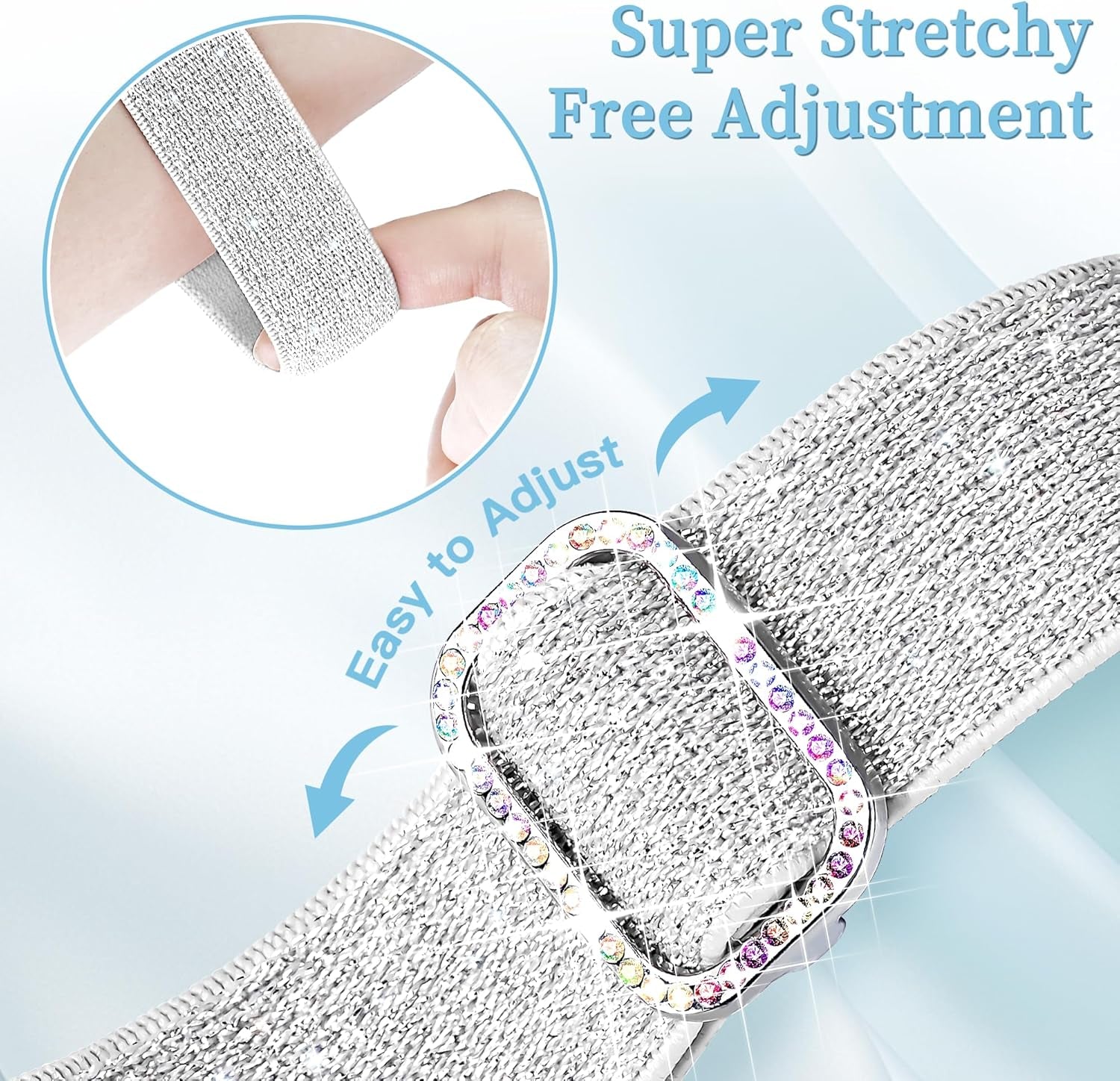 Sparkly Stretchy Nylon Band Fit Bling Apple Watch Bands for Women 42Mm 41Mm 40Mm 38Mm, Elastic Sport Solo Loop Iwatch Bands for Cute Glitter Iphone Watch Band Series 10 9 8 7 6 5 4 3 Se-Silver