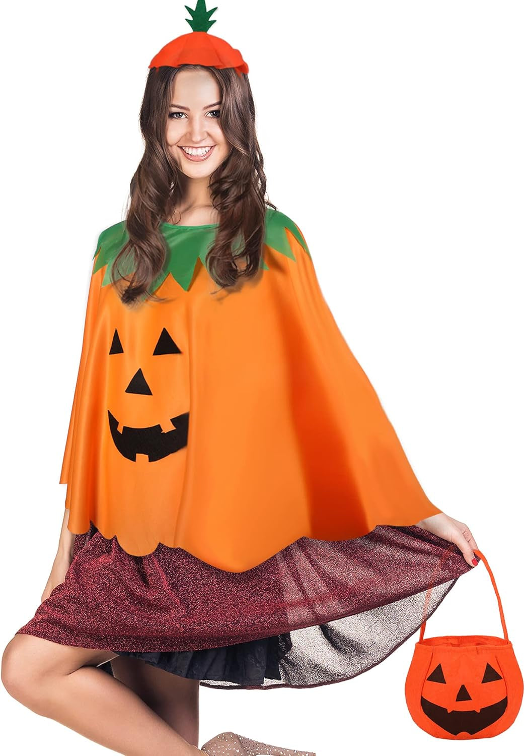 Adult Halloween Pumpkin Costume Set Pumpkin Cloak Poncho with Candy Bag Hat Pumpkin Handbag Funny Headband