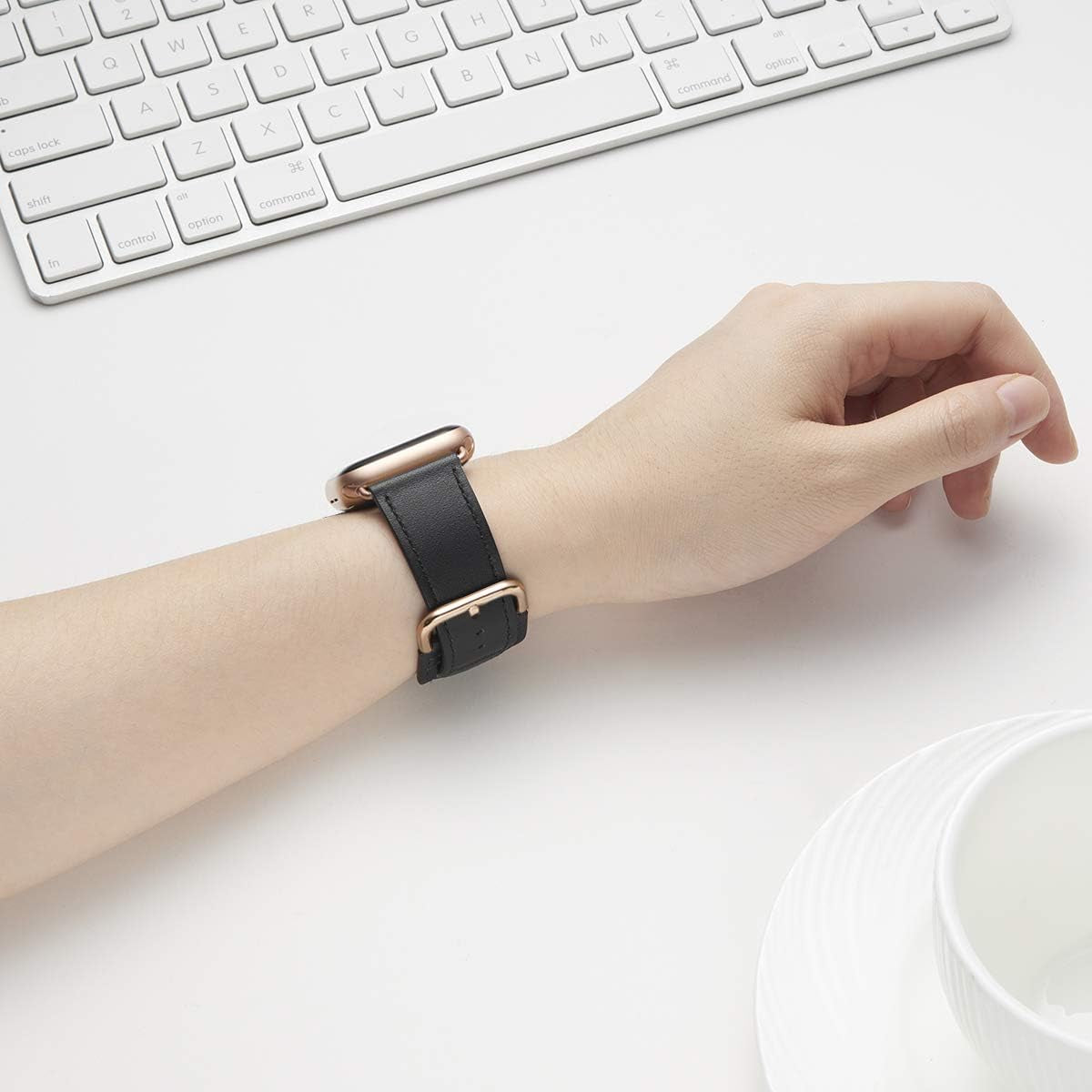 Bands Compatible with Apple Watch Band 38Mm 40Mm 41Mm 42Mm 44Mm 45Mm 49Mm, Genuine Leather Strap Compatible for Women Men Iwatch SE Ultra Series 9 8 7 6 5 4 3 2 1 (Black/Rosegold)