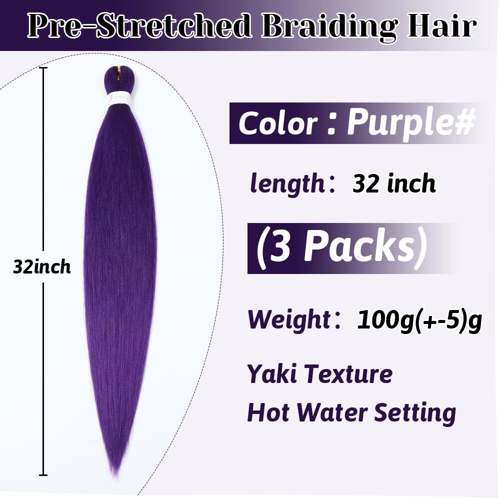 32 Inch Purple Braiding Hair Extensions Pre Stretched Braiding Hair Yaki Braids Hair Hot Water Setting Synthetic Hair Colored Braiding Hair Pre Stretched Crochet Hair(32Inch,3 Packs,Purple#)