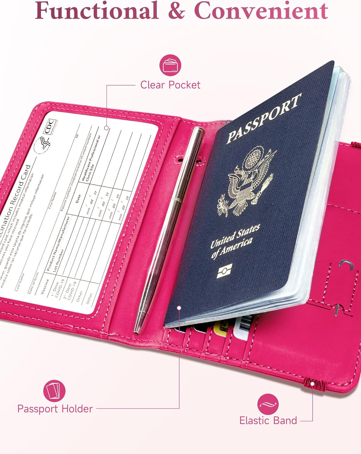 Passport Holder, RFID Blocking Passport Cover Wallet Case with Elastic Strap, Faux Leather Passport Card Holder, Cute Travel Essentials for Women Men Family, Hot Pink TLBH