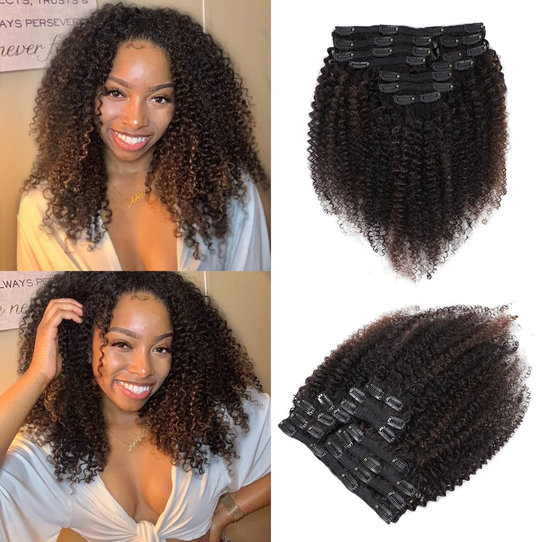 Curly Clip in Hair Extensions Real Human Hair Natural Hair Clip Ins for Black Women Kinky Curly Clip Ins Hair Extensions 3C 4A Clip in Hair for Black Girl Curly Hair Extensions 1B/4 Color Highlight
