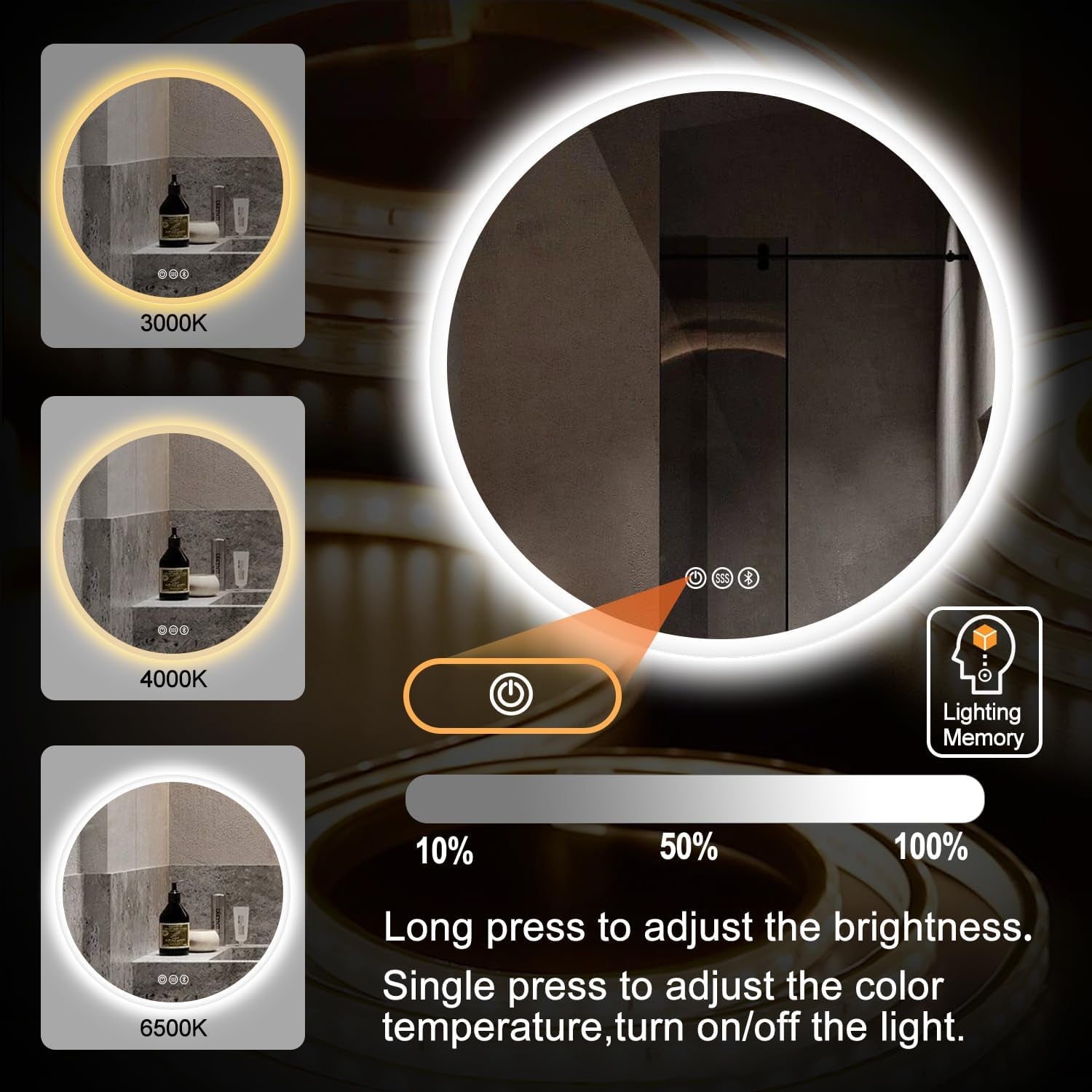 S·BAGNO 24’’ round Led Bathroom Mirror with Lights, Backlit and Front Lighted, Anti-Fog Wall-Mounted Vanity Mirror 3000K/4000K/6500K, Dimmable inside Bluetooth Speaker Smart Mirror